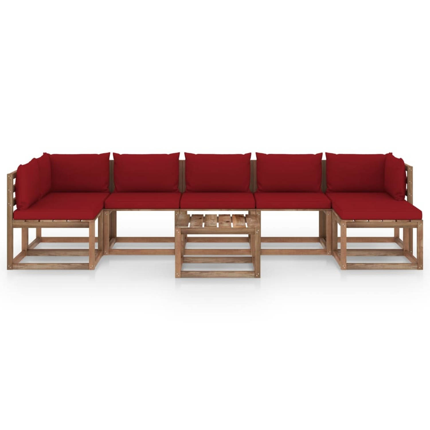 The Living Store Tuinset Houten - Grenenhout - Lounge - 64x64x70 cm - Wijnrood kussen - 150 g/m²