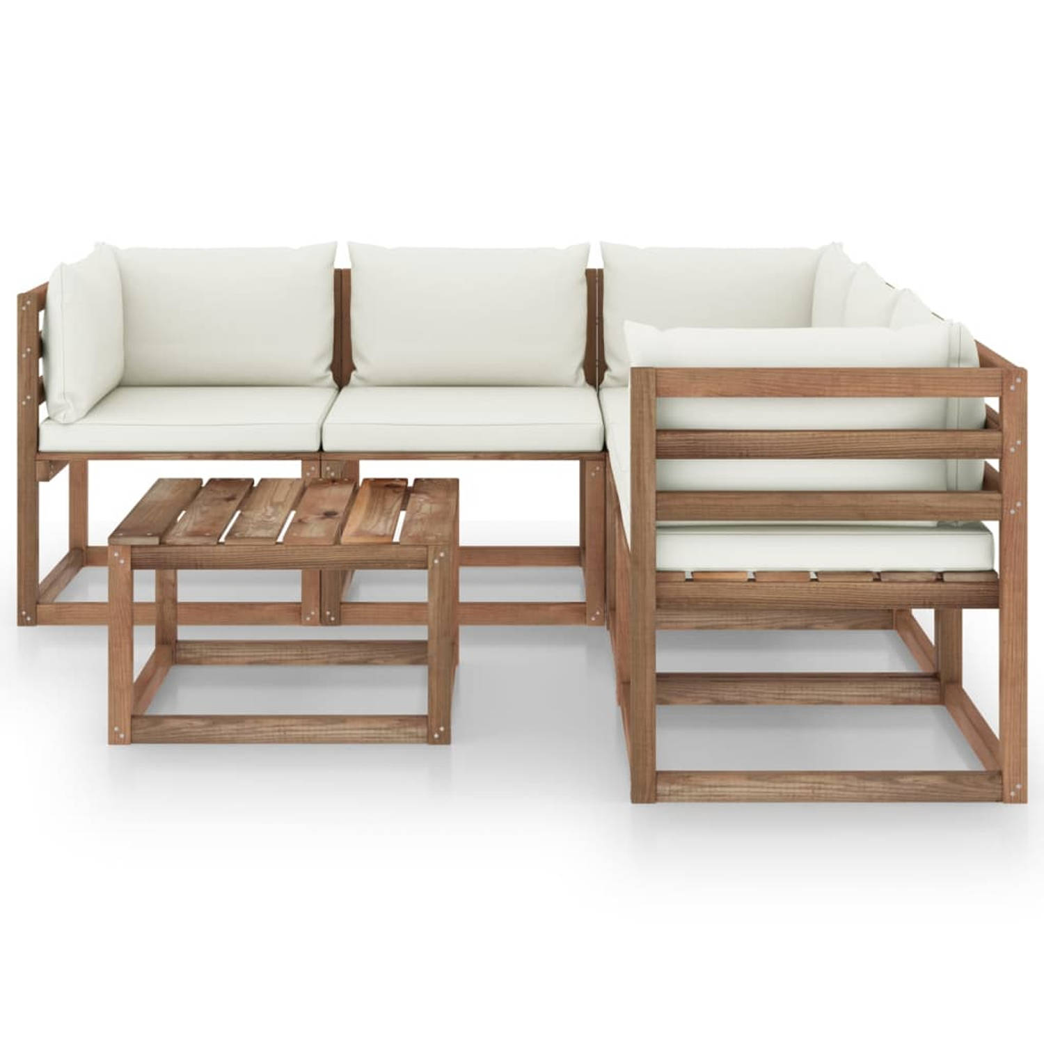 The Living Store Pallet Loungebank Set - Grenenhout - 60x60x36.5cm - Crème kussens