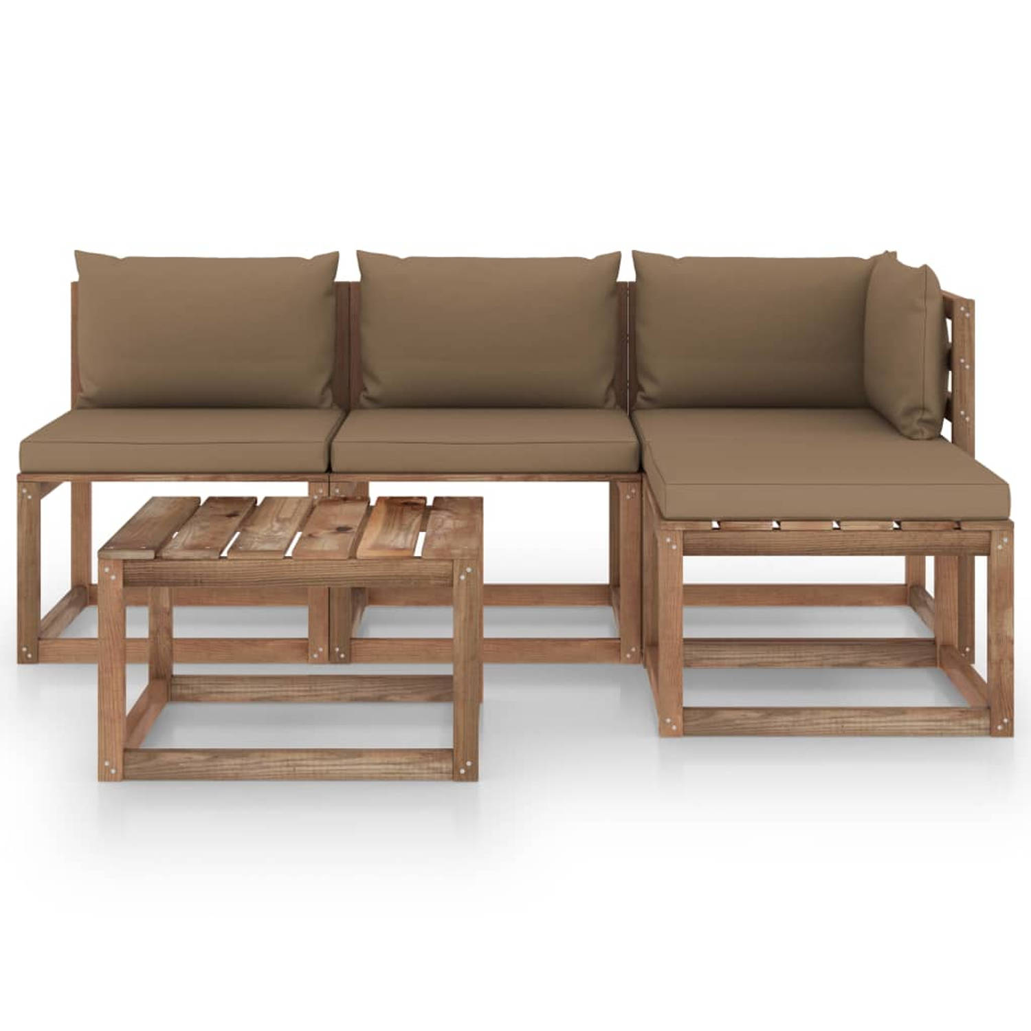 The Living Store Pallet Loungeset - Hoekbank 64 x 64 x 70 cm - Middenbank 60 x 64 x 70 cm - Tafel/voetenbank 60 x 60 x 36.5 cm - Taupe kussen - Grenenhout en polyester