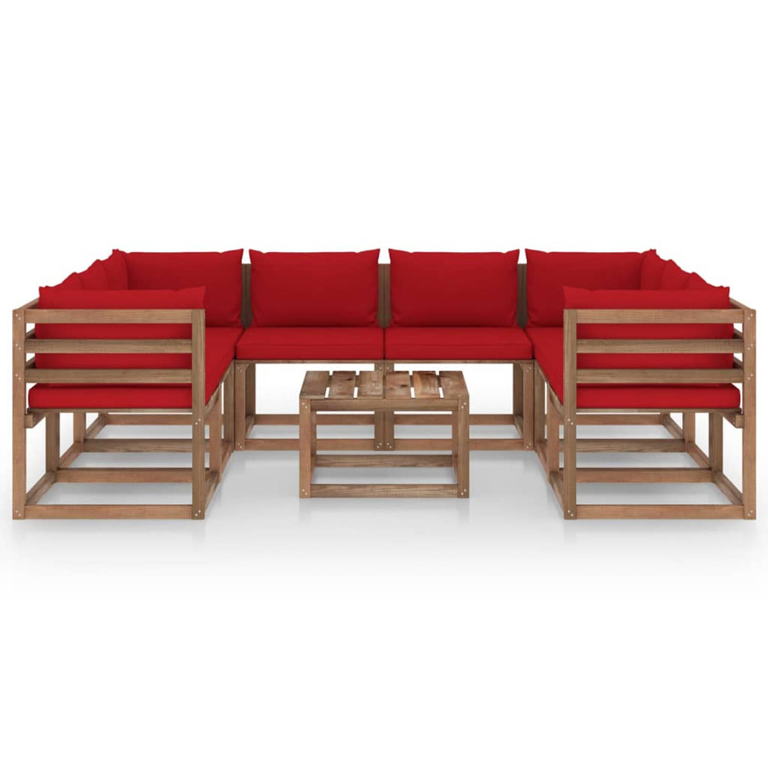 The Living Store Loungeset Pallet Grenenhout - hoekbank + middenbank + tafel - rood