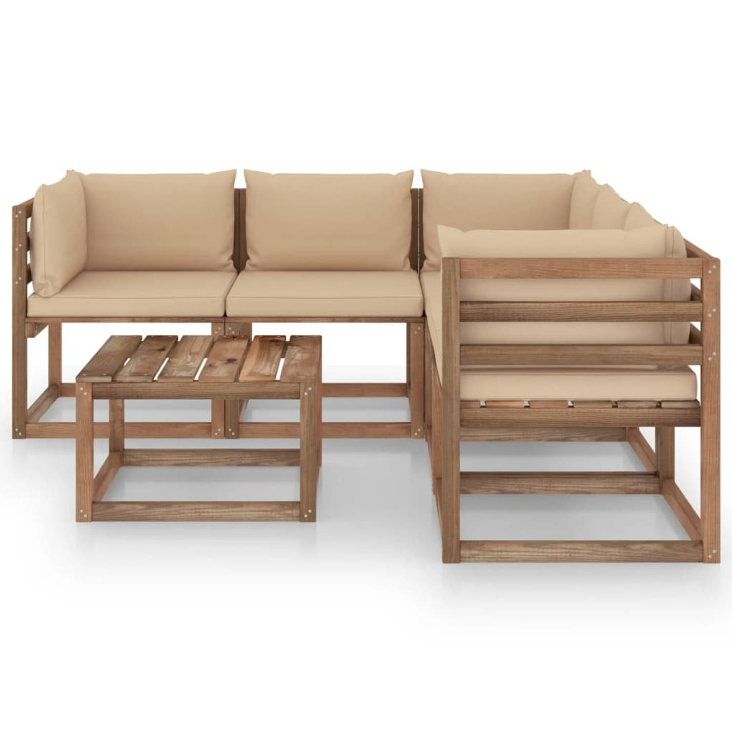 The Living Store loungeset - grenenhout - beige kussens - 60x60x36.5cm - duurzaam en weerbestendig - Montage vereist
