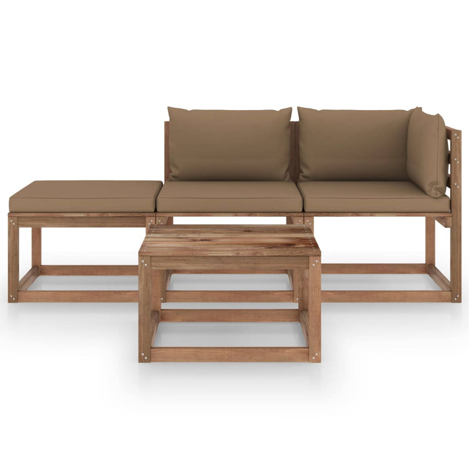 The Living Store Pallet Loungeset - Hoekbank - Middenbank - Tafel - 64x64x70 cm - Grenenhout - Taupe kussen