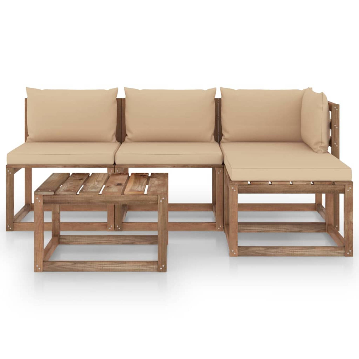 The Living Store Pallet Loungeset - Hoekbank 64x64x70 cm - Middenbank 60x64x70 cm - Tafel/Voetenbank 60x60x36.5 cm - Beige Kussen - Grenenhout - bruin geïmpregneerd - 100% polyeste