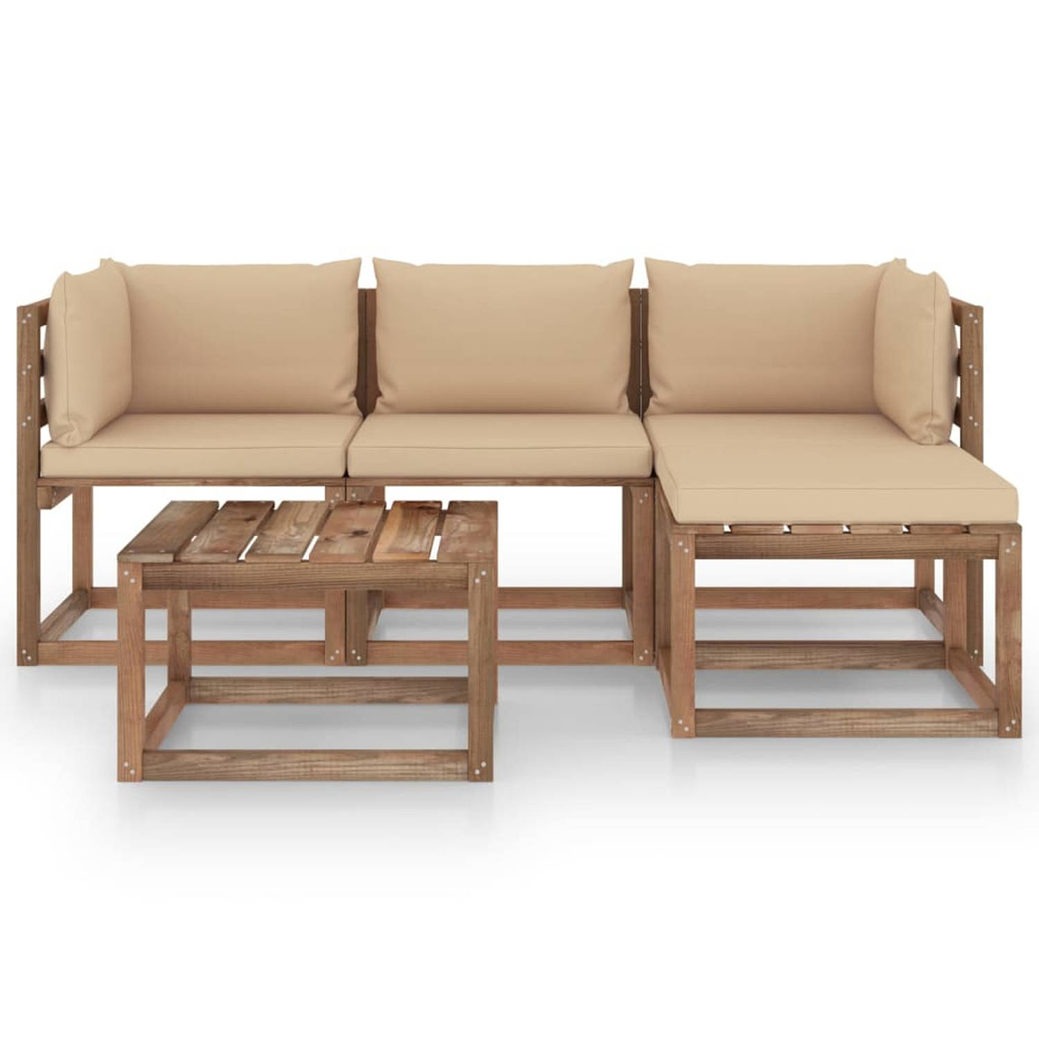 The Living Store Tuinset Grenenhout - Lounge - 64x64x70 cm - Beige kussens