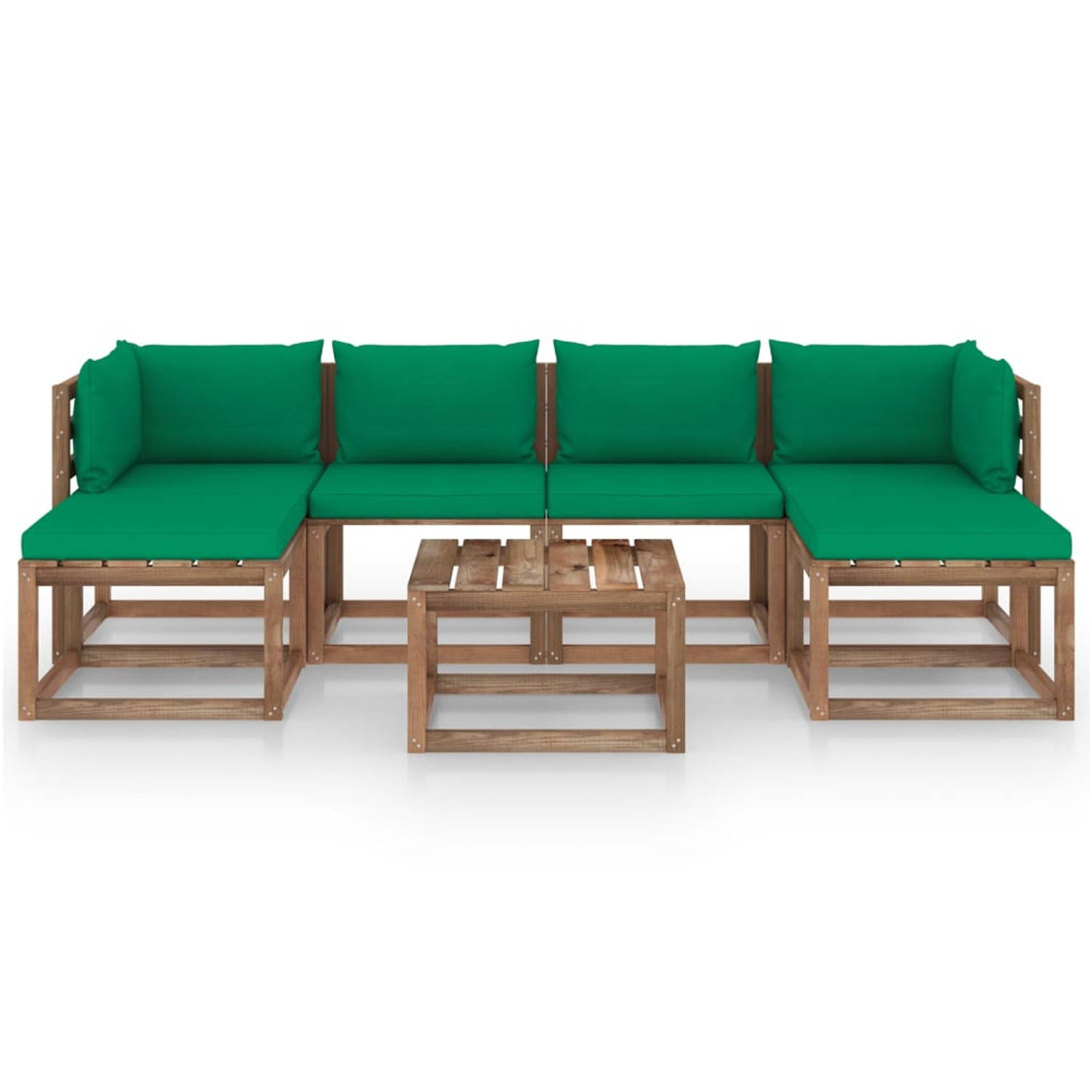 The Living Store Pallet Loungeset - Hoekbank Middenbank Tafel - 64x64x70 cm - Groen kussen