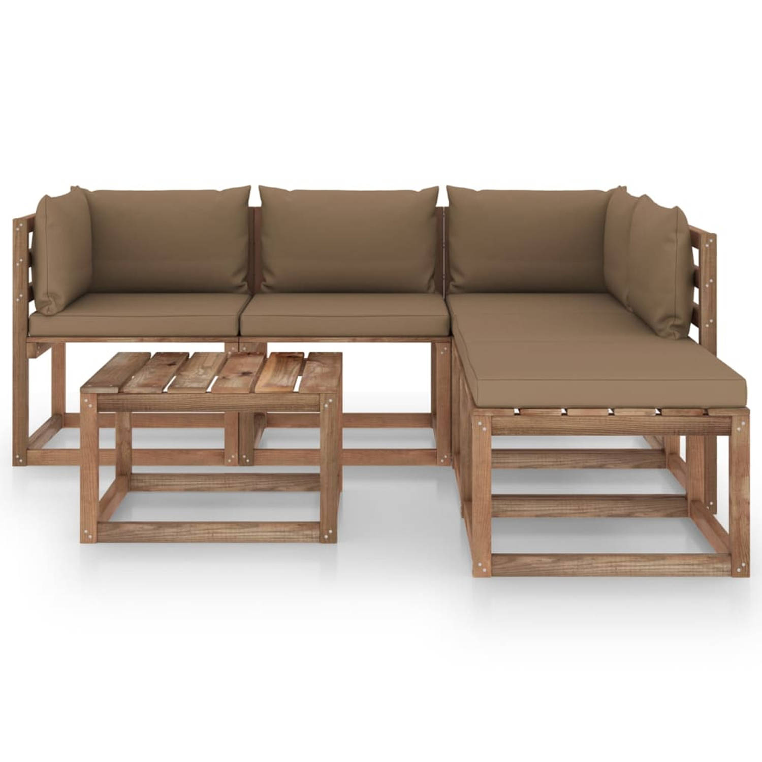 The Living Store Pallet Loungeset - Hoekbank + Middenbank + Tafel - 64 x 64 x 70 cm - Grenenhout - Bruin Geïmpregneerd - Taupe kussens