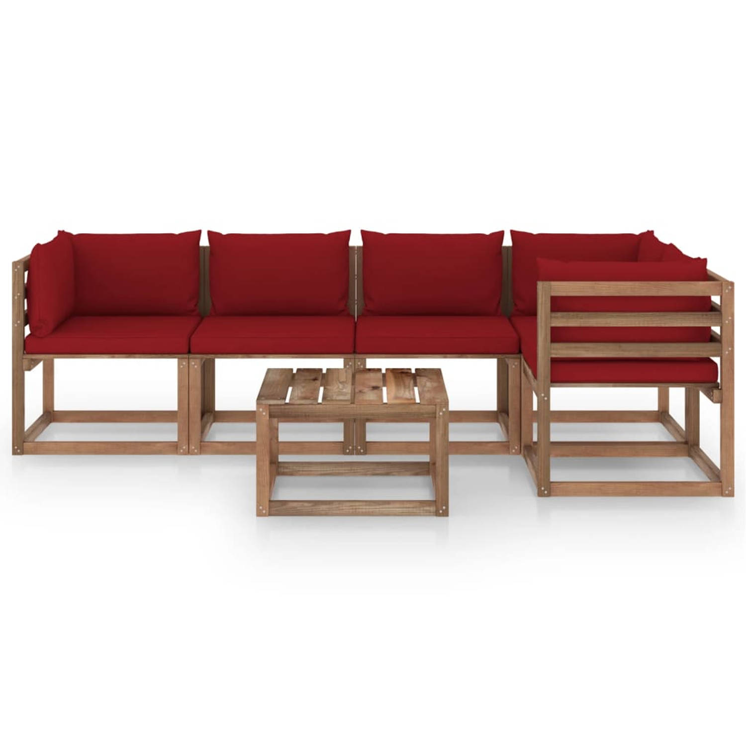 The Living Store Pallet Loungeset - Bruin geïmpregneerd hout - Modulair - 64x64x70 cm - Wijnrode kussens