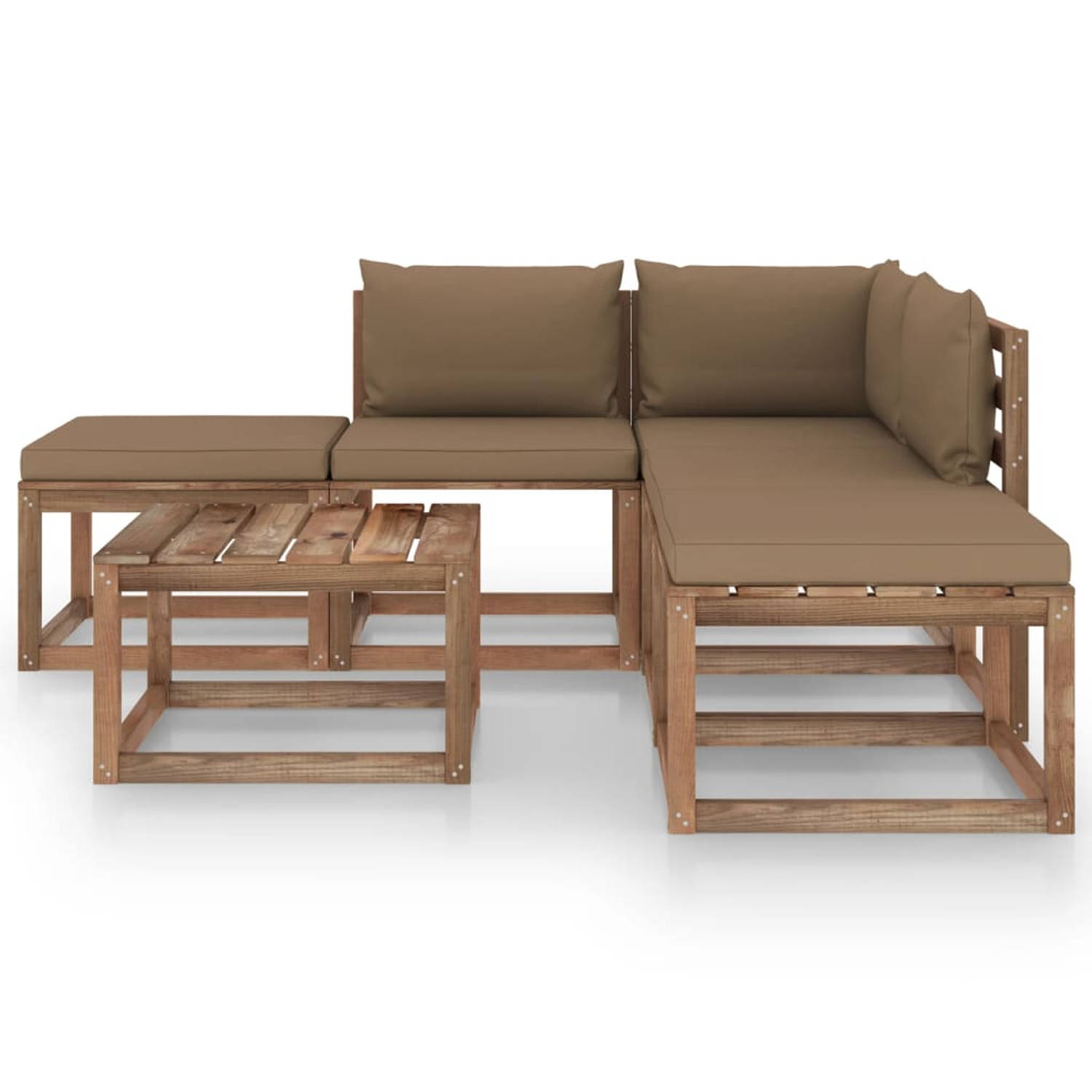 The Living Store Houten Tuinset - Lounge - Hoekbank 64x64x70 cm - Middenbank 60x64x70 cm - Voetenbank 60x60x36.5 cm - Taupe kussens