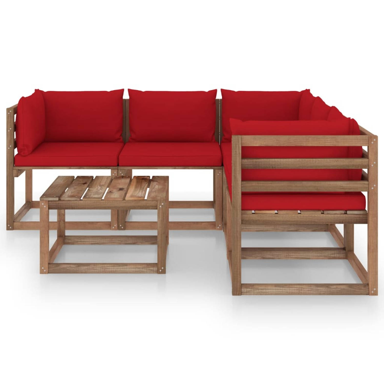 The Living Store 6-delige Loungeset met rode kussens geïmpregneerd hout - Tuinset