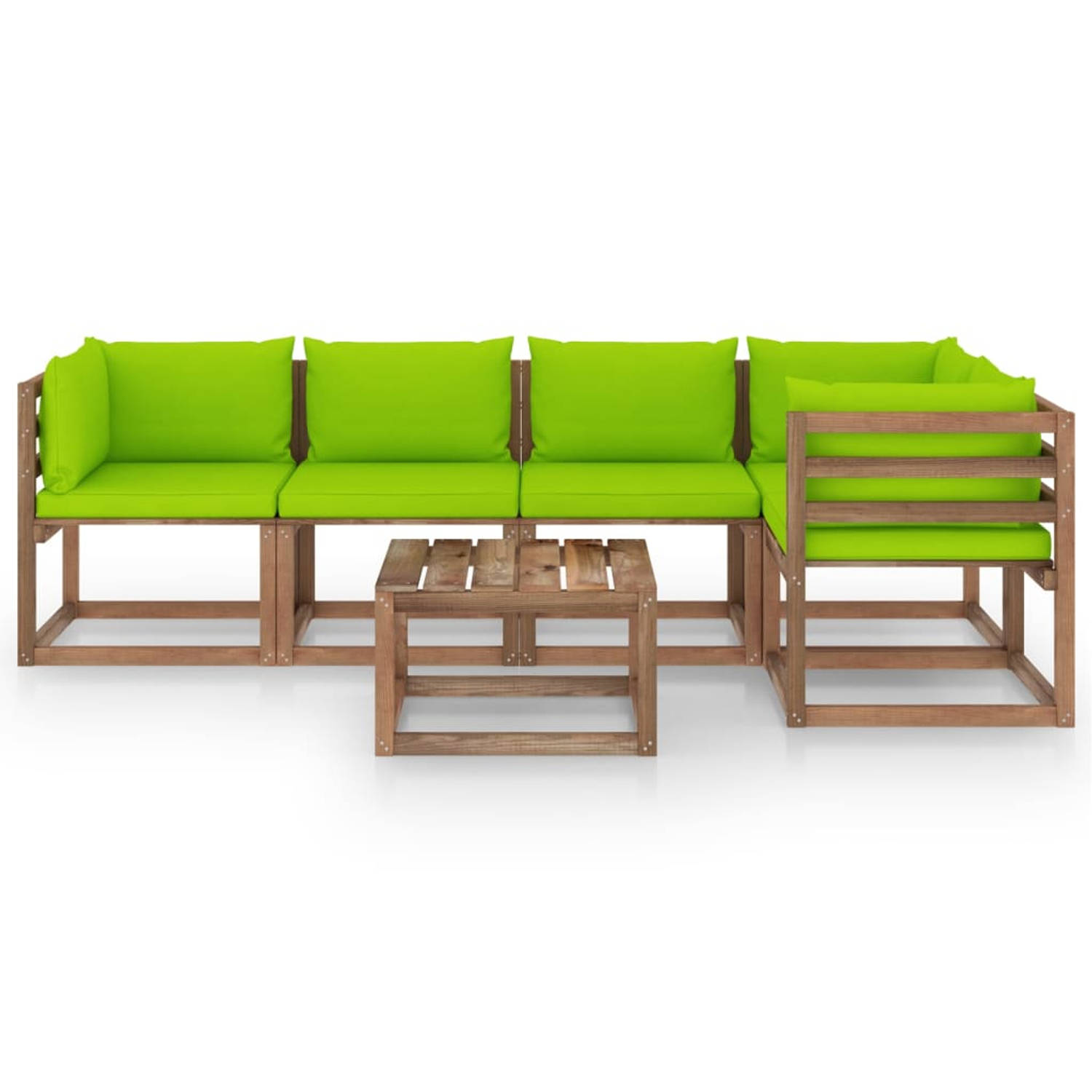 The Living Store Loungeset Pallet 3-hoekbank 2-middenbank - bruin geïmpregneerd grenenhout - 64x64x70cm - groene kussens