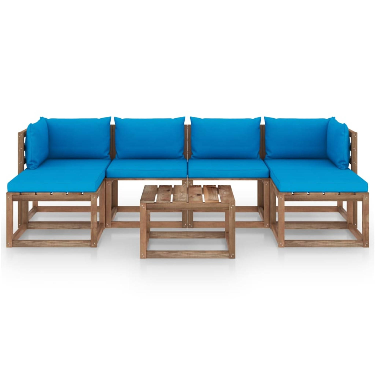 The Living Store Pallet Loungeset - Hoekbank Middenbank Tafel - 64x64x70 60x64x70 60x60x36.5 - Lichtblauwe kussens