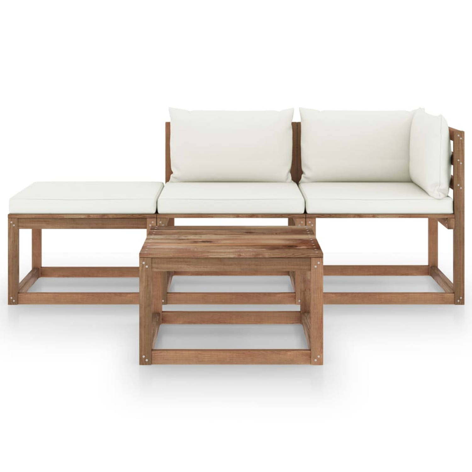 The Living Store Pallet Loungeset - Grenenhout - Hoekbank - Middenbank - Tafel - 64x64x70 cm - 60x64x70 cm - 60x60x36.5 cm - Crèmewit