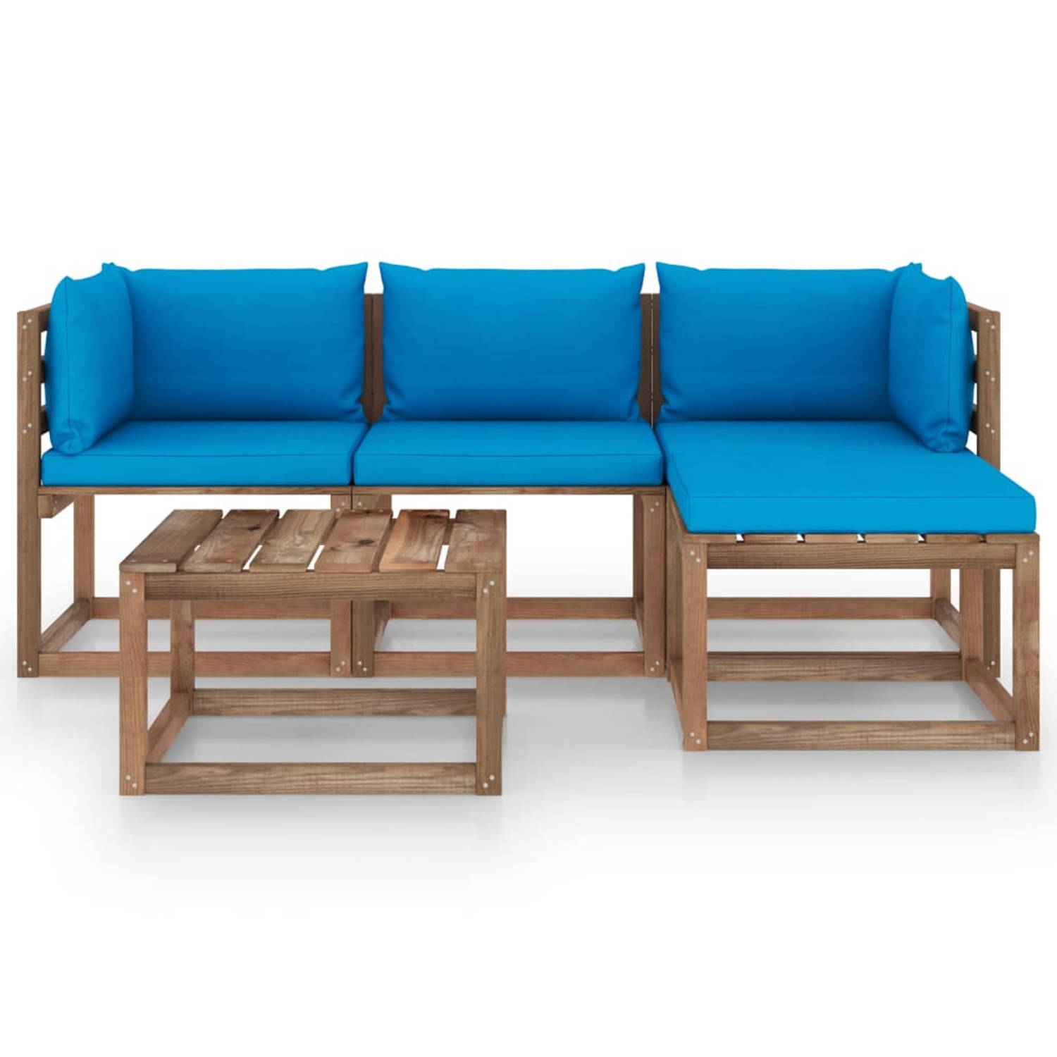 The Living Store Loungeset Pallet - 64x64x70 cm - Lichtblauwe kussens - Geïmpregneerd grenenhout - 100% polyester