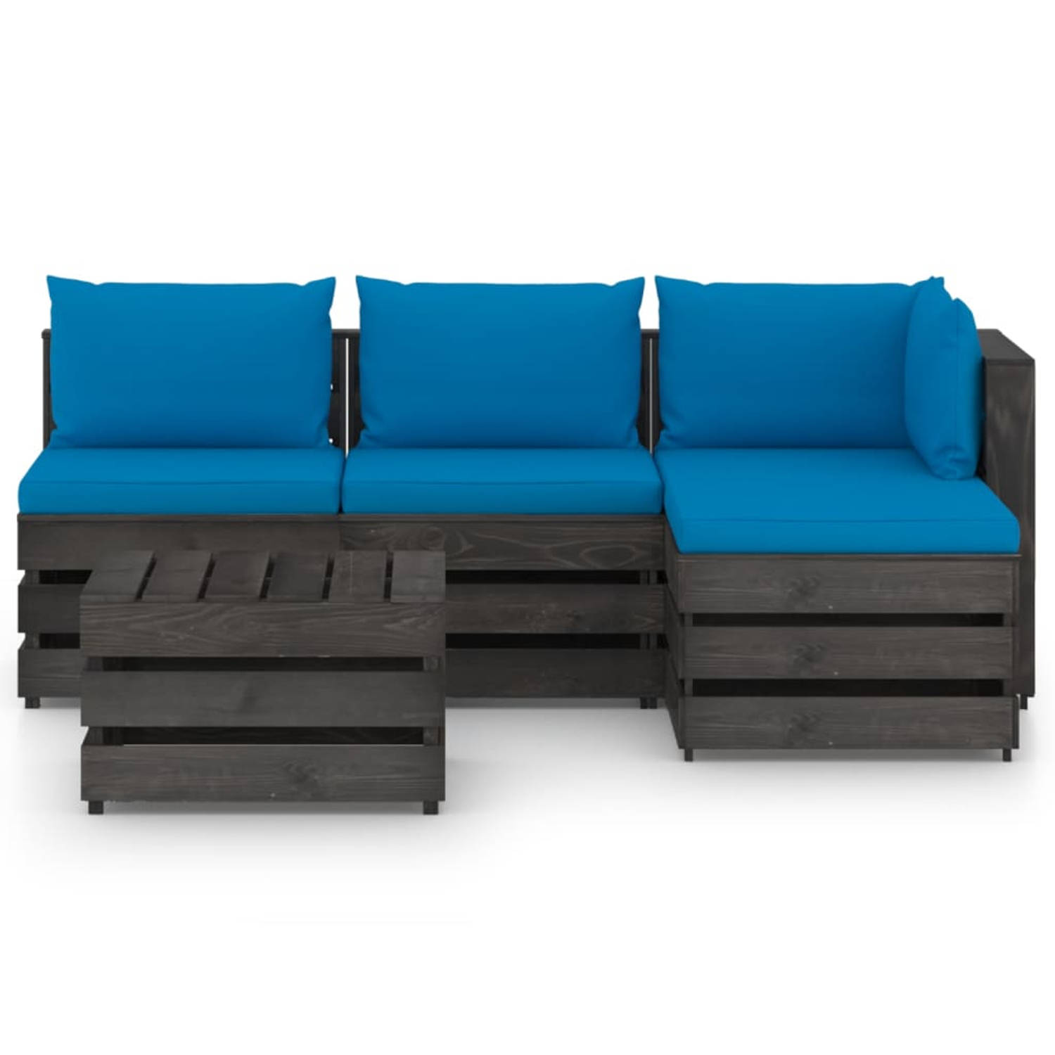 The Living Store Loungeset Pallet - Grenenhout - Lichtblauwe kussens - Modulair design - 150x70x66 cm