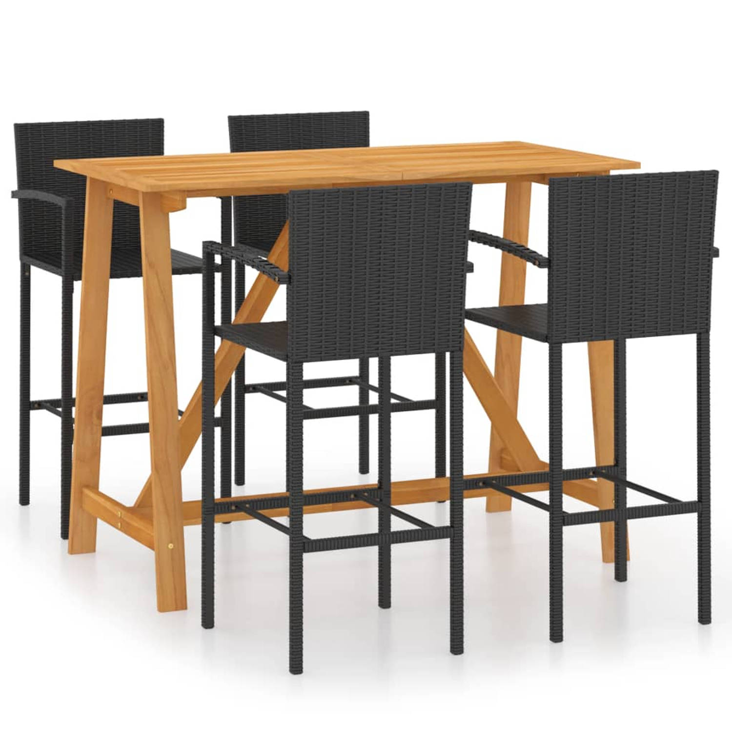 The Living Store Barset Blake - Tafel 140x70x104 cm - Stoelen 52x56x118 cm - Zwart - Poly rattan en gepoedercoat staal