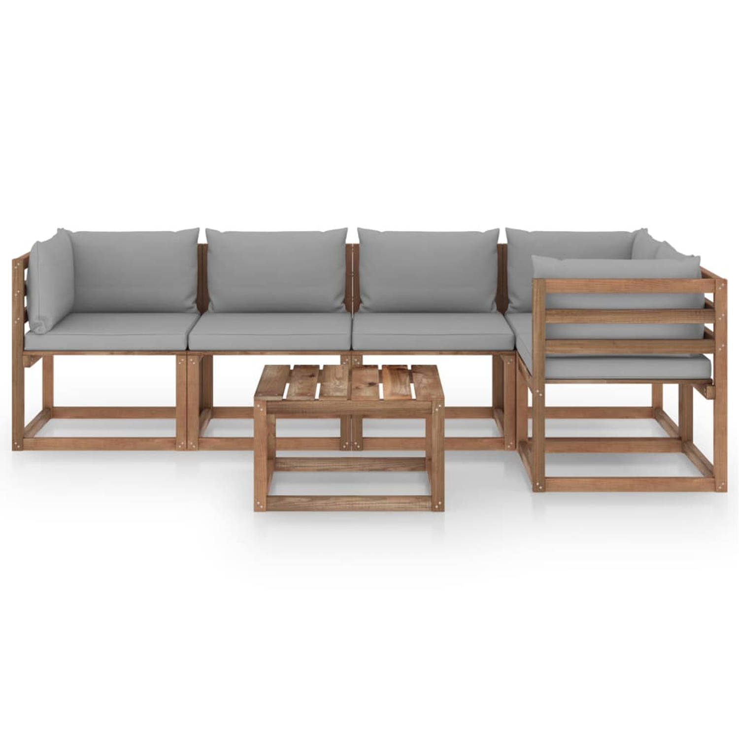 The Living Store Pallet Loungeset - Grenenhout - Grijs Kussen - Hoekbank- 64 x 64 x 70 cm - Middenbank- 60 x 64 x 70 cm - Tafel- 60 x 60 x 36.5 cm