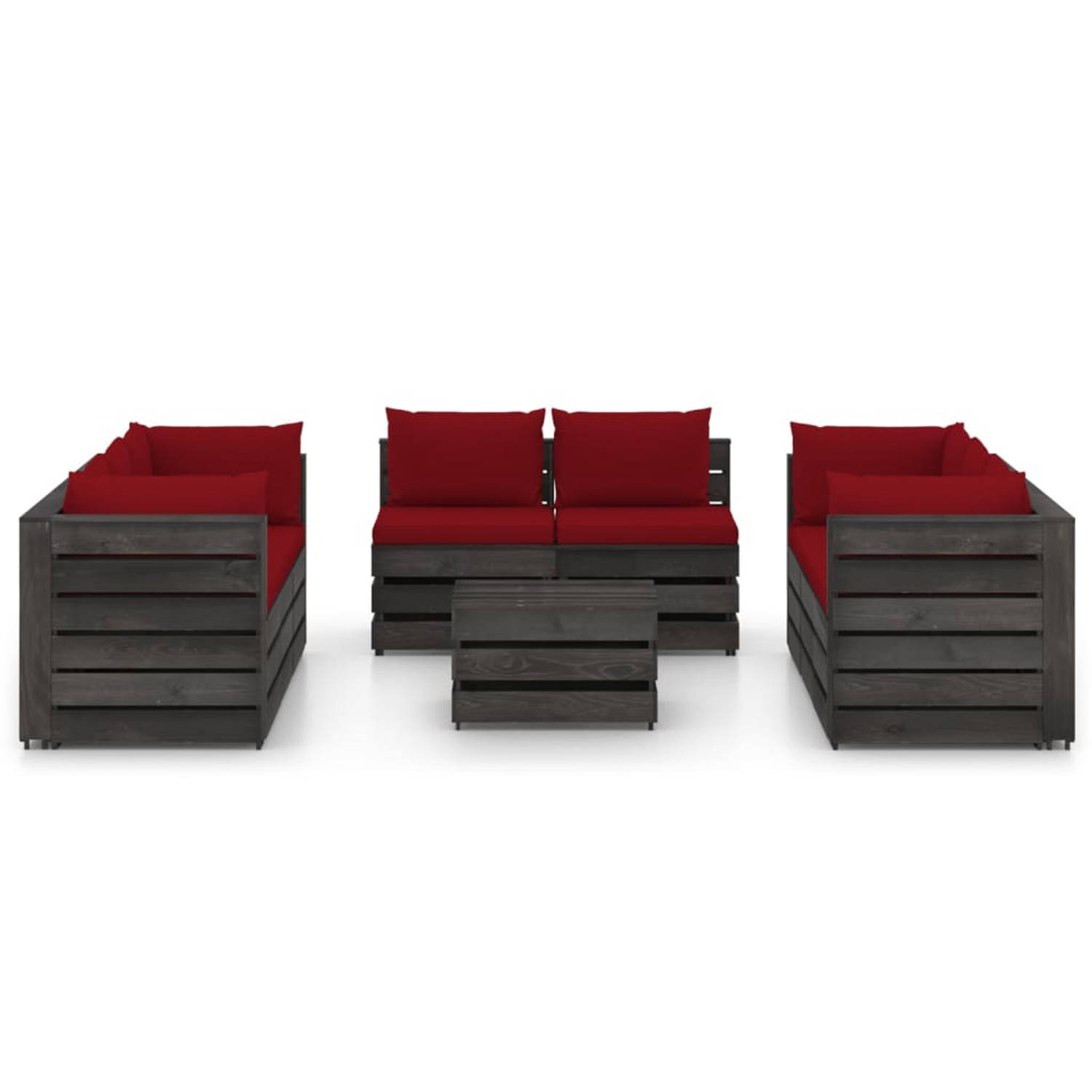 The Living Store Pallet loungeset - Grenenhout - 69x70x66 cm - Wijnrood kussen