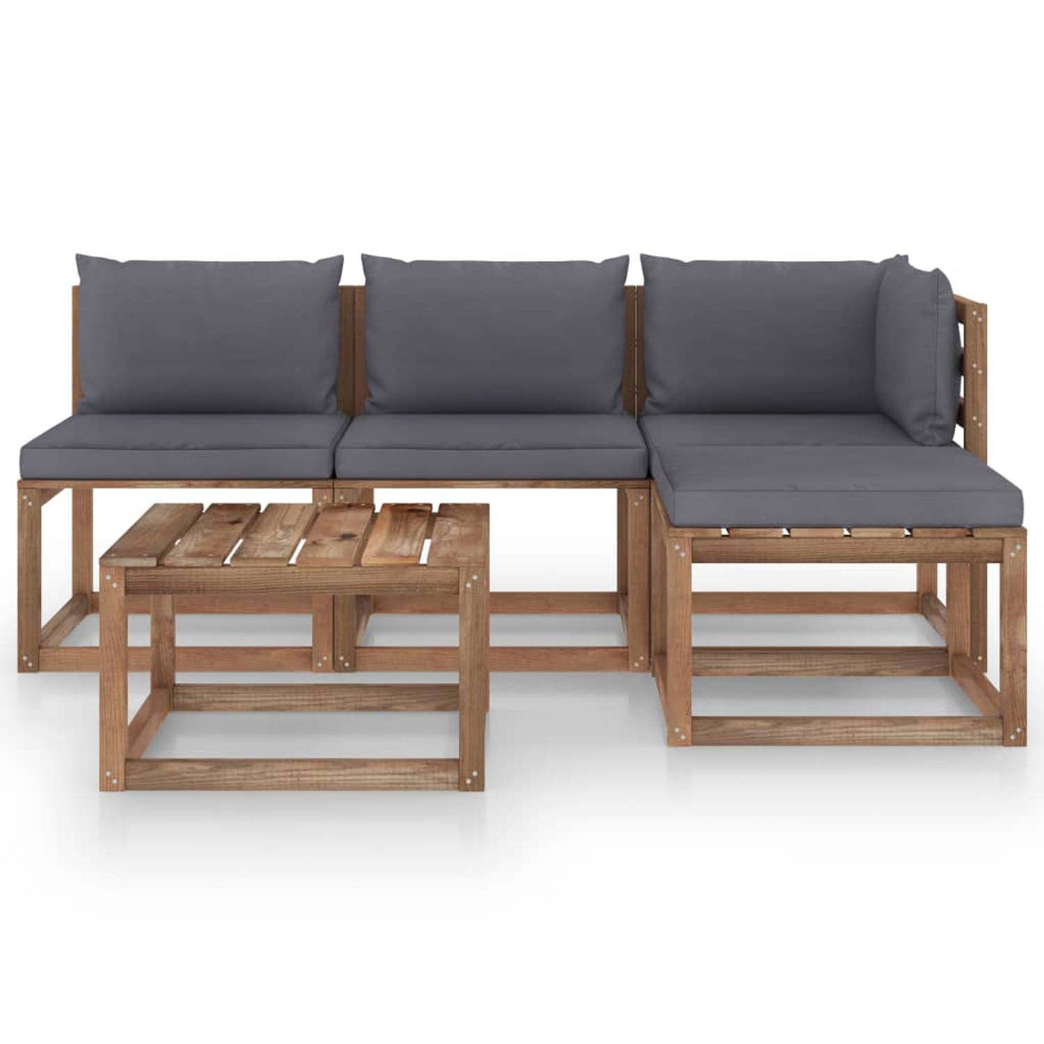 The Living Store Pallet Loungeset - Hoekbank 64x64x70cm - Middenbank 60x64x70cm - Tafel/Voetenbank 60x60x36.5cm - Antraciet Kussens