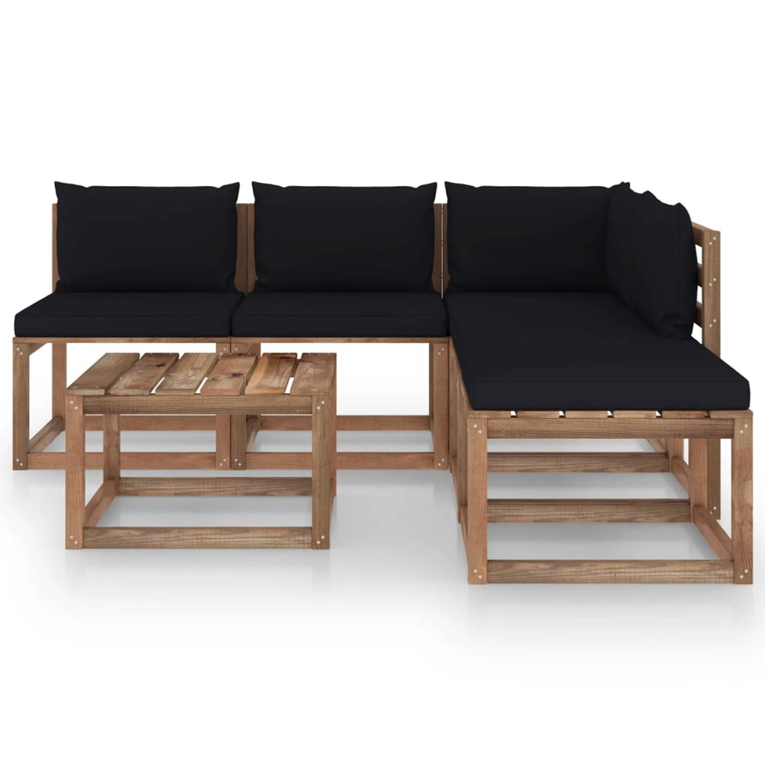 The Living Store Loungeset Pallet - Grenenhout - Hoekbank 64x64x70cm - Zwart Kussen