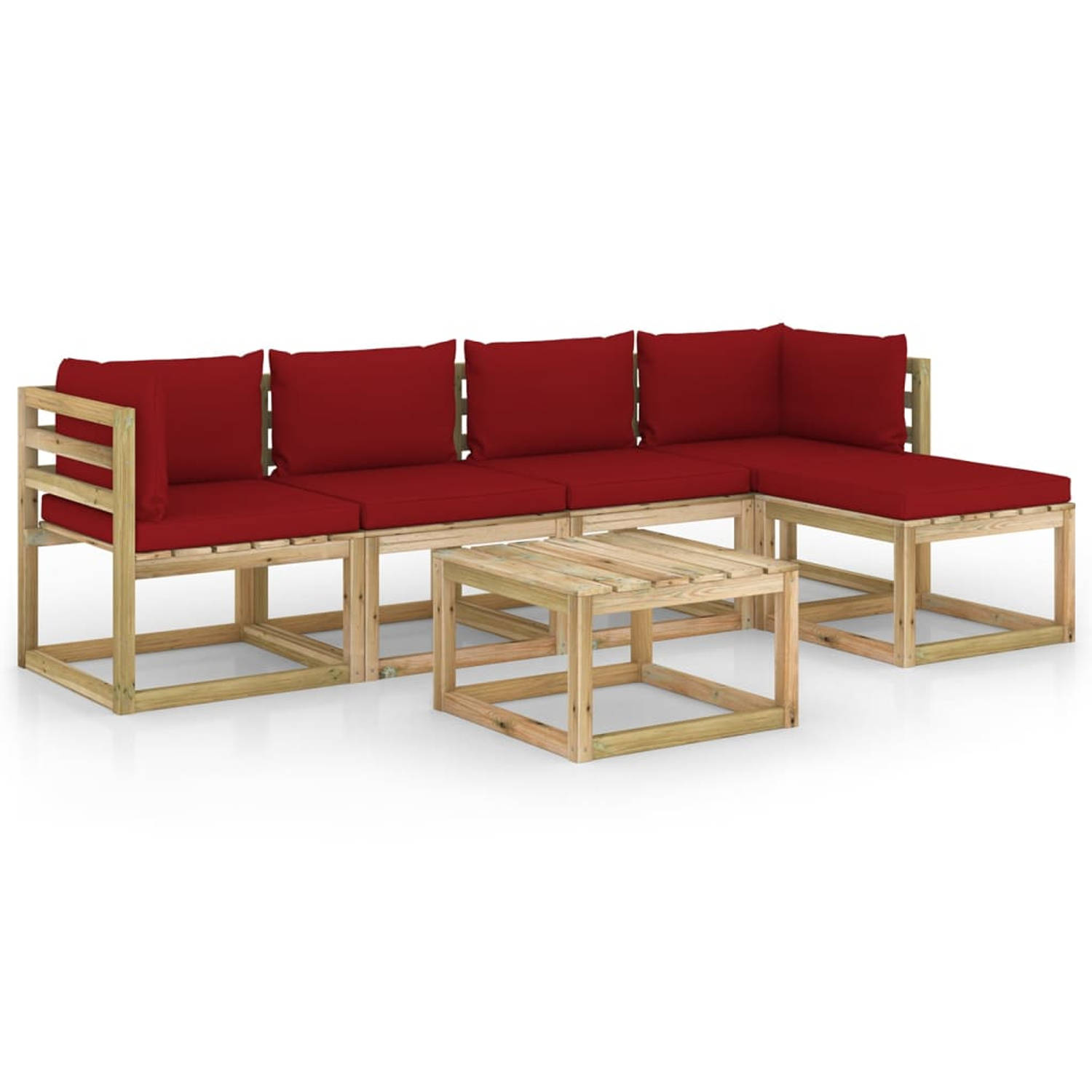 The Living Store Pallet Loungeset - Hoekbank 64x64x70cm - Middenbank 60x64x70cm - Tafel/Voetenbank 60x60x36.5cm - Wijnrood kussen - Grenenhout - Montage vereist