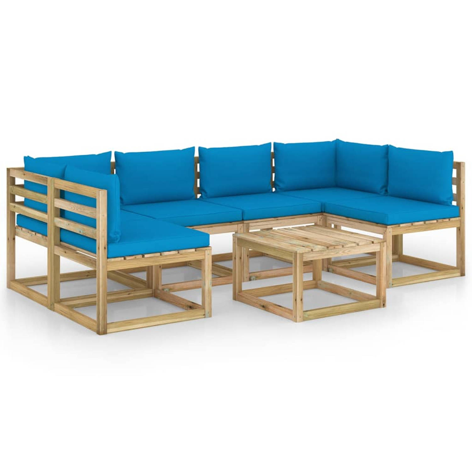 The Living Store Pallet loungeset - Grenenhout - Hoekbank 64x64x70 - Middenbank 60x64x70 - Tafel 60x60x36.5 - Lichtblauw kussen