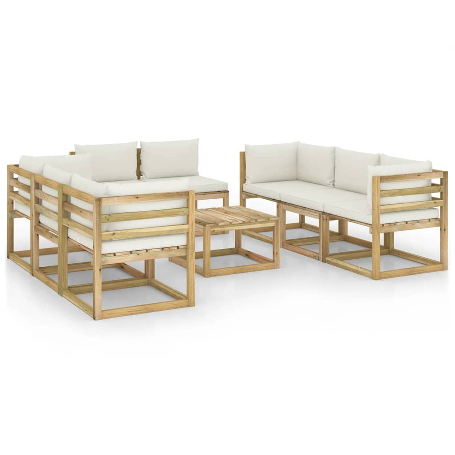 The Living Store Pallet Loungeset - Hoekbanken en Tafel - Crèmewit Kussen - Grenenhout - Geïmpregneerd - Modulair Design - 64x64x70cm