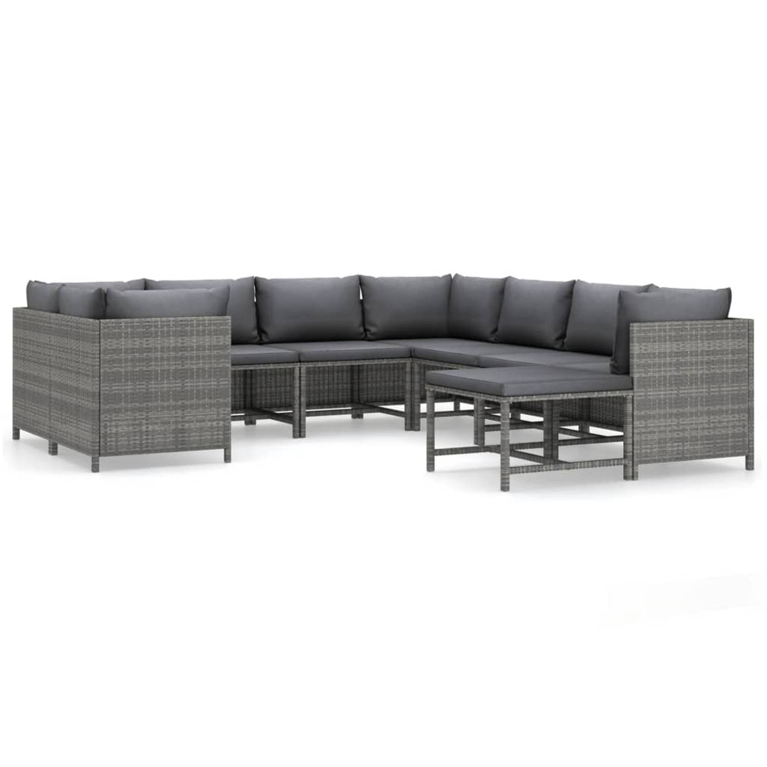 The Living Store 9-delige Loungeset met kussens poly rattan grijs - Tuinset