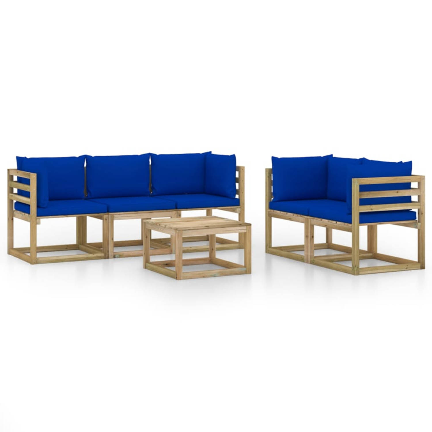 The Living Store Houten Tuinset - Hoekbank en Tafel - Blauwe Kussens - Grenenhout - 64 x 64 x 70 cm - 100% Polyester