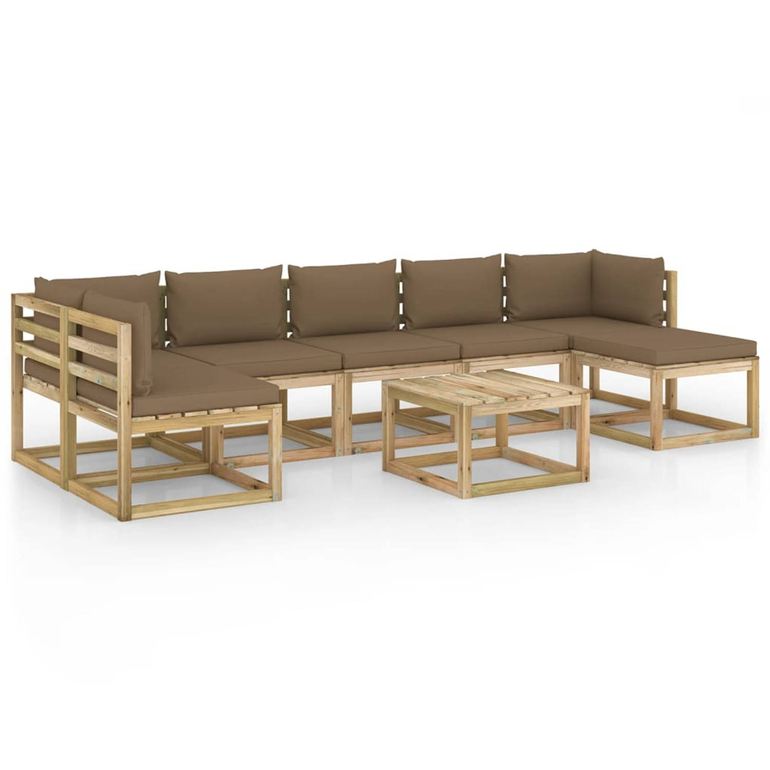 The Living Store Pallet Loungeset - Grenenhout - Hoekbank 64x64x70 - Middenbank 60x64x70 - Tafel/Voetenbank 60x60x36.5 - Taupe Kussens