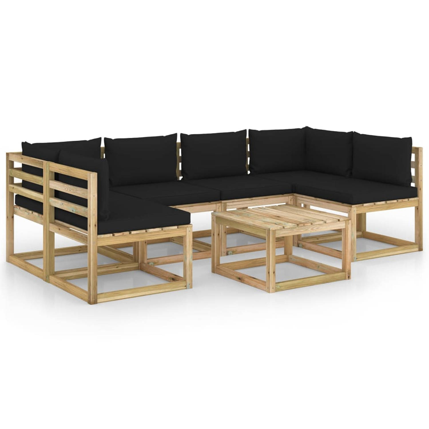 The Living Store Loungeset Pallet Grenenhout - Hoekbank 64x64x70 cm - Middenbank 60x64x70 cm - Tafel 60x60x36.5 cm - Zwarte Kussens