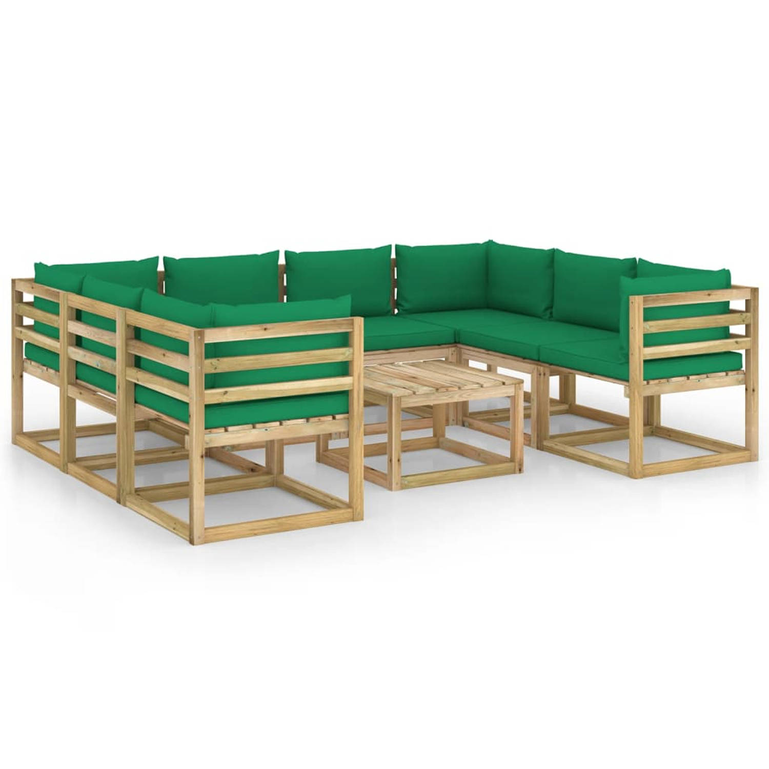 The Living Store Pallet Loungeset - Grenenhout - Groen - 64 x 64 x 70 cm - 60 x 64 x 70 cm - 60 x 60 x 36.5 cm