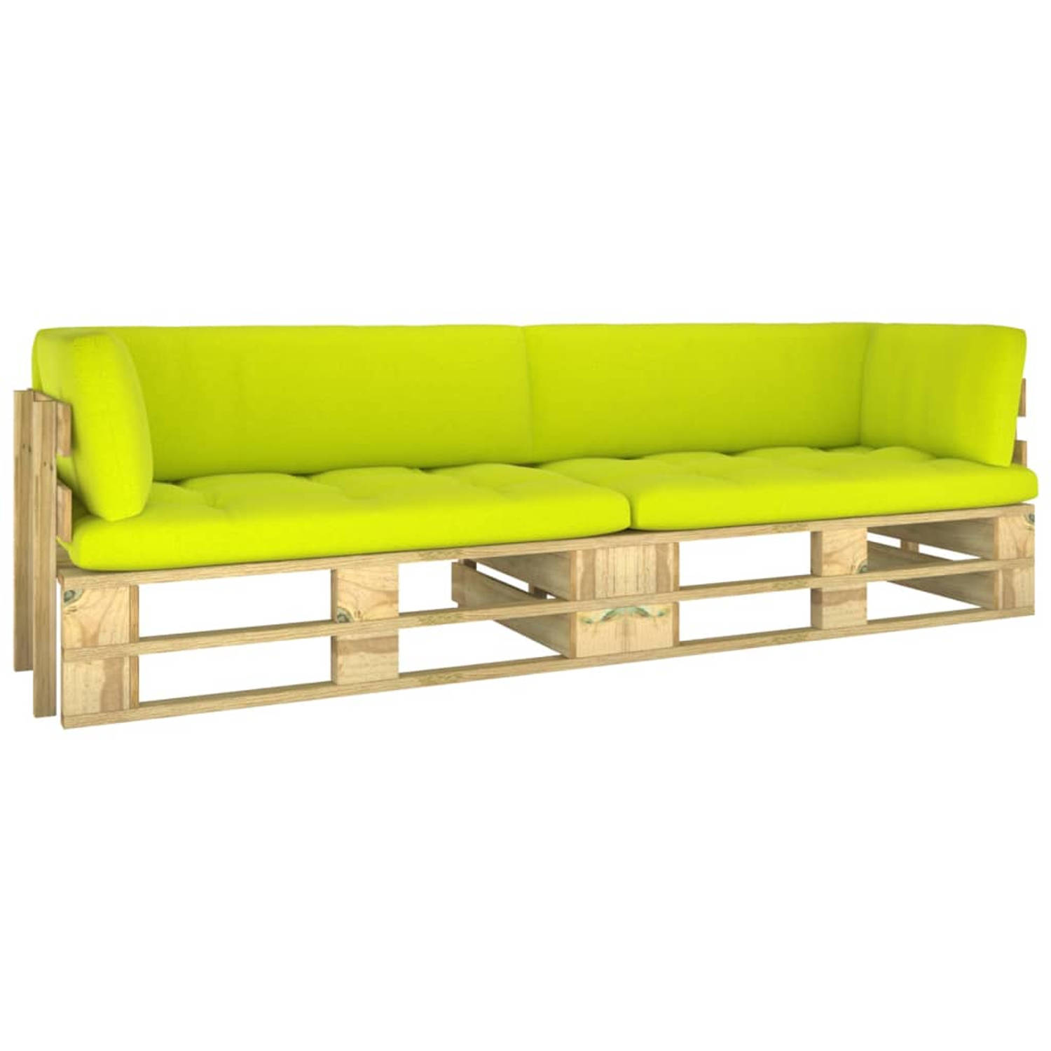 The Living Store Hoekbank Pallet Grenenhout - 110x66x55 cm - Helder groen kussen