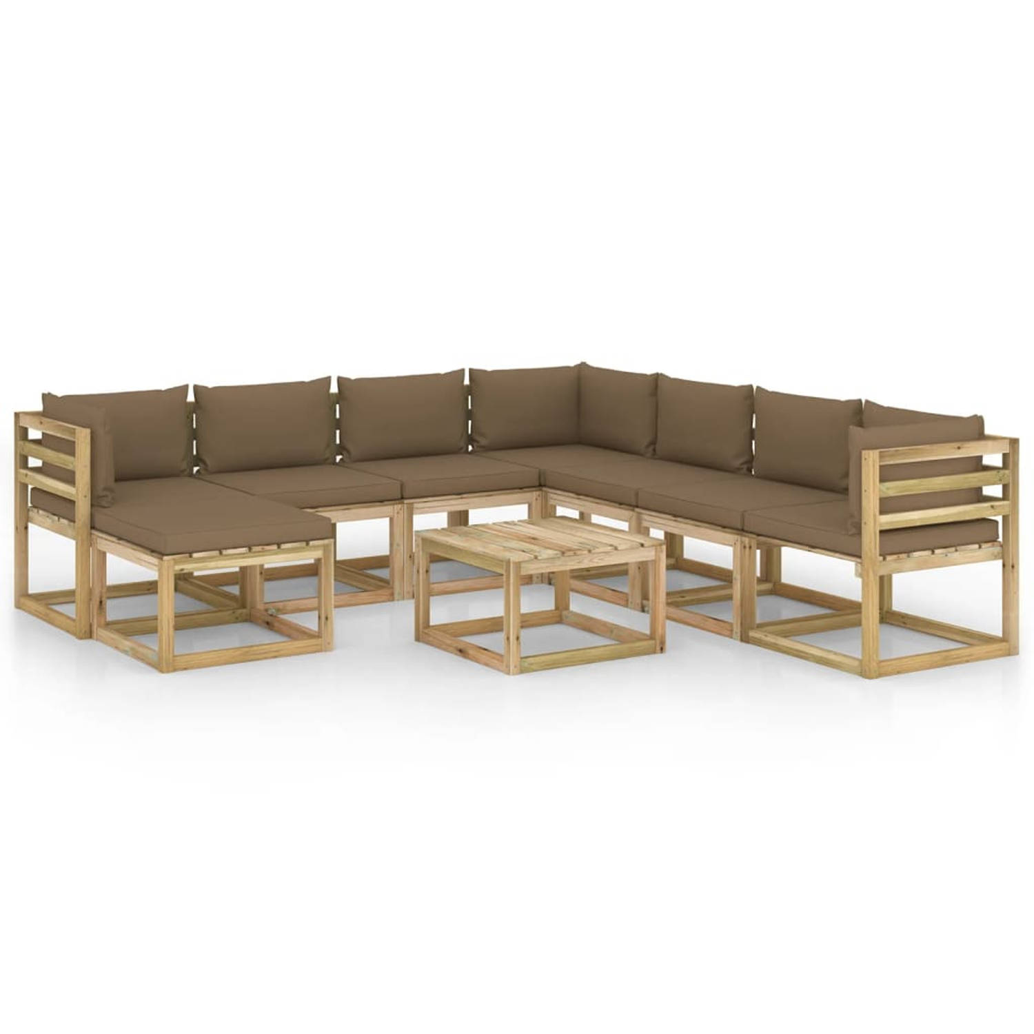 The Living Store Pallet loungeset - Grenenhout - Taupe kussen - Modulair design - 64x64x70 cm hoekbank - 60x64x70 cm middenbank - 60x60x36.5 cm tafel/voetenbank - 6 cm zitkussen -