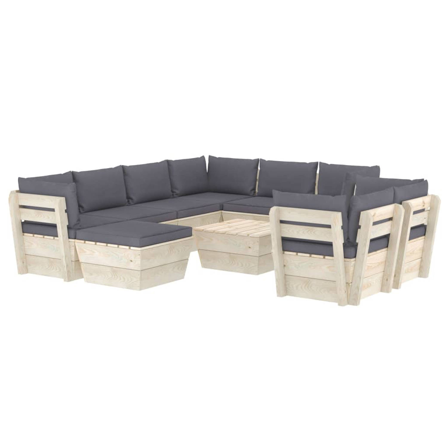 The Living Store Loungeset Pallet - 10-delig - Vurenhout - Antraciet - 60x60x65 cm - Geïmpregneerd vurenhout - 100% polyester