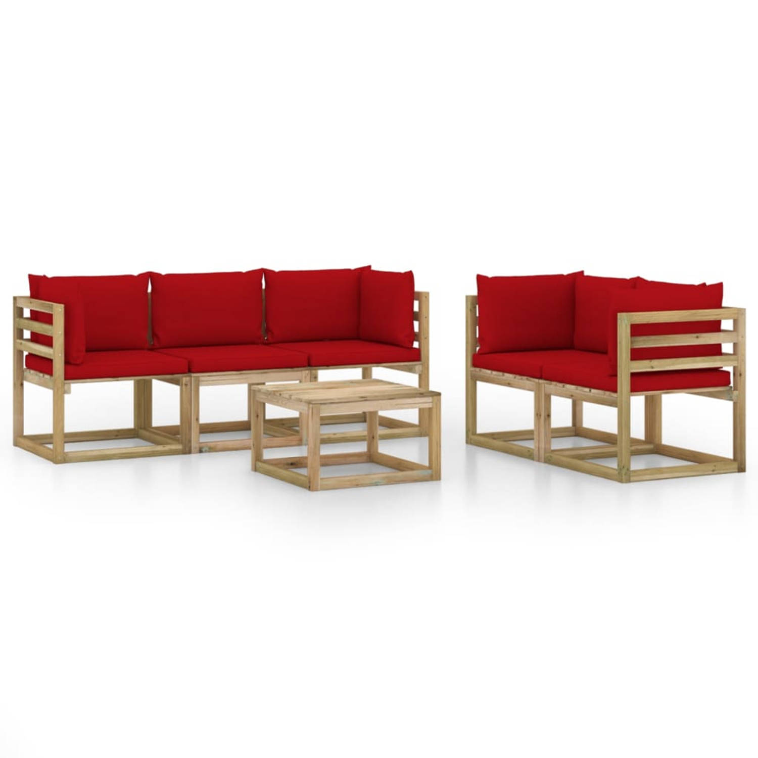 The Living Store Loungeset Grenenhout - Palletontwerp - Weerbestendig - Rood kussen - 64x64x70 cm - Montage vereist