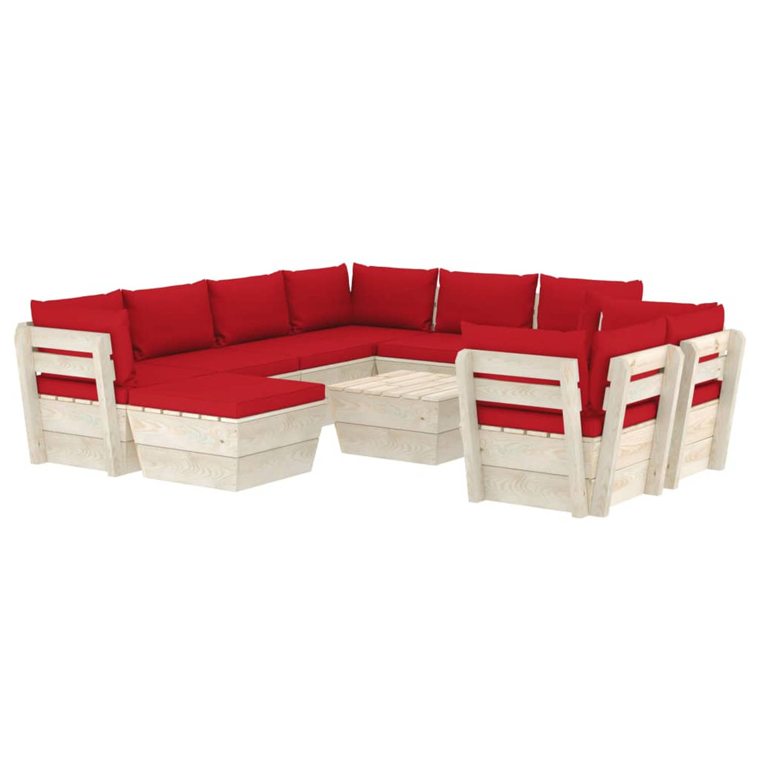 The Living Store Pallet loungeset - 10-delig - Geïmpregneerd vurenhout - Rode kussens