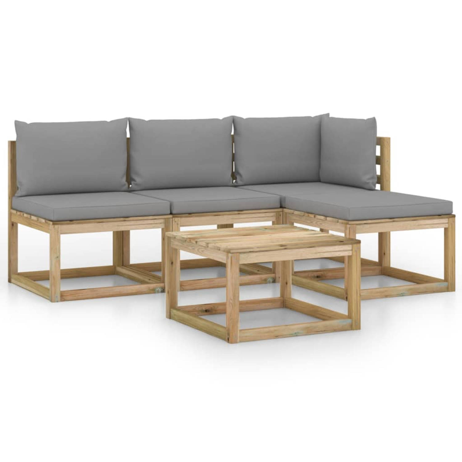 The Living Store Tuinset Grenenhout - Hoekbank - Middenbank - Voetenbank - Tafel - Grijs Kussen - 120 g/m² Stofgewicht