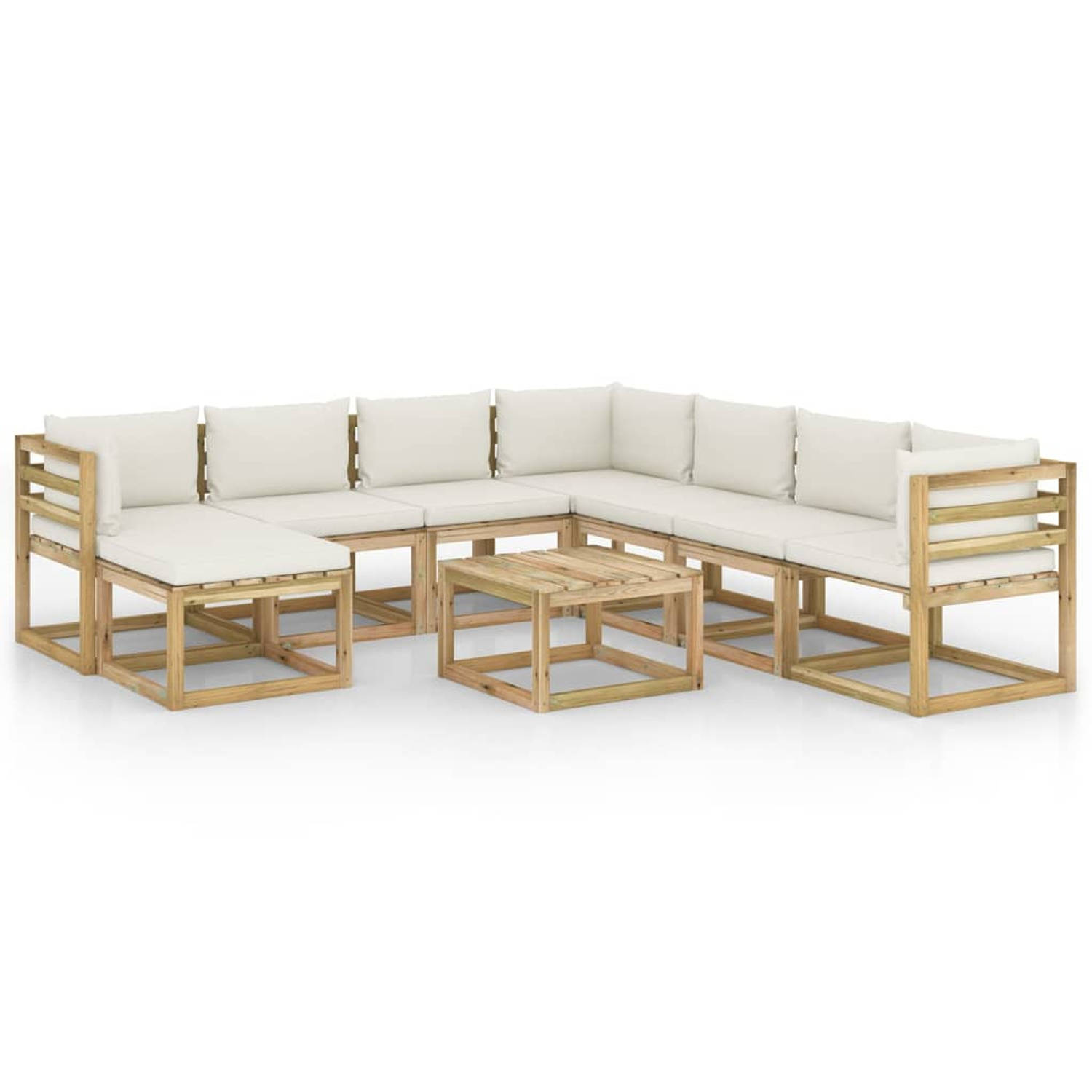 The Living Store Pallet Loungeset - Hoekbank + Middenbank + Tafel - 64x64x70cm - Crèmewit