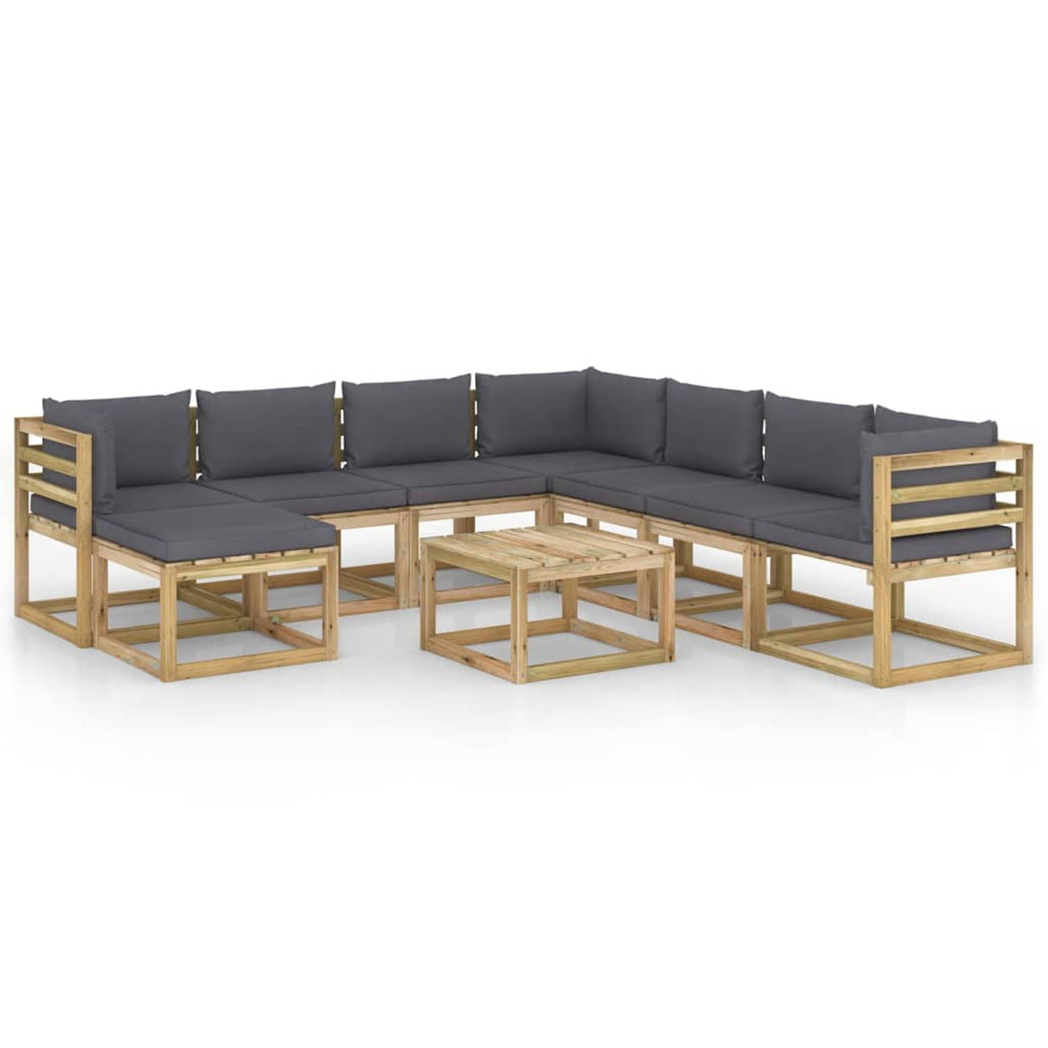 The Living Store Loungeset Pallet - Hoekbank Middenbank Tafel/Voetenbank - 64x64x70 cm 60x64x70 cm 60x60x36.5 cm - Antraciet Kussen - Grenenhout - Montage vereist - 10 x Rug/zijkus