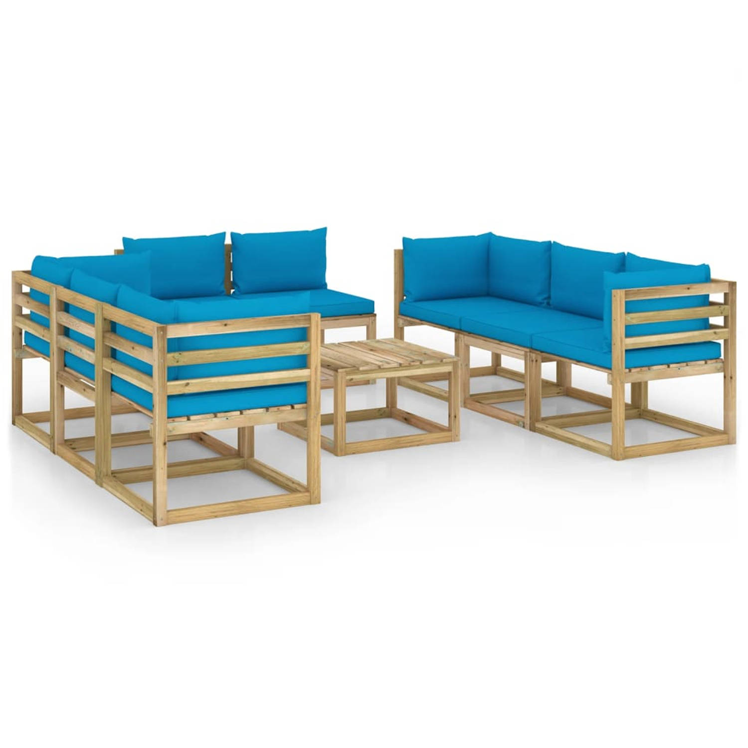The Living Store Pallet loungeset - Grenenhout - Lichtblauw kussen - 64x64x70 cm - Modulair design