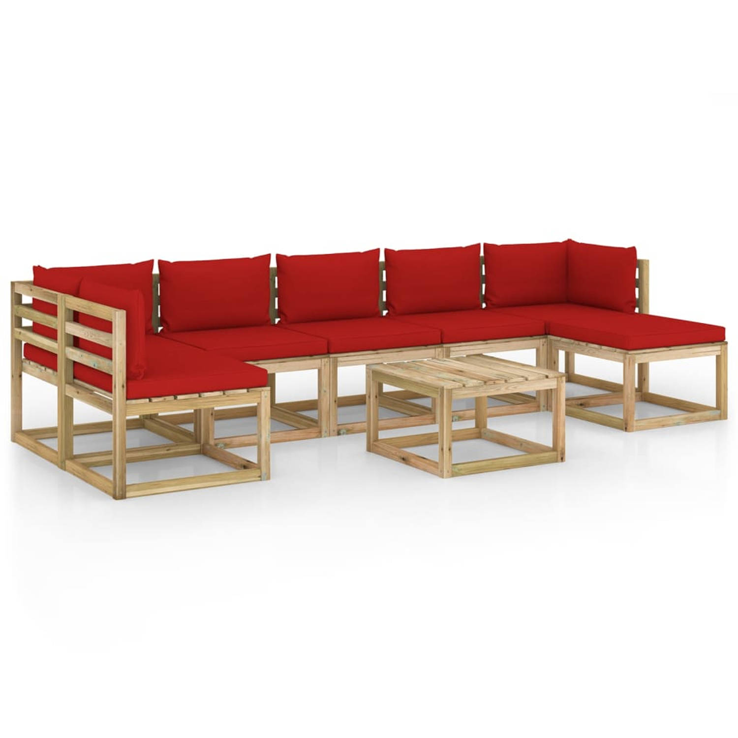 The Living Store Pallet Loungeset - Grenenhout - 64x64x70 cm - Rood kussen