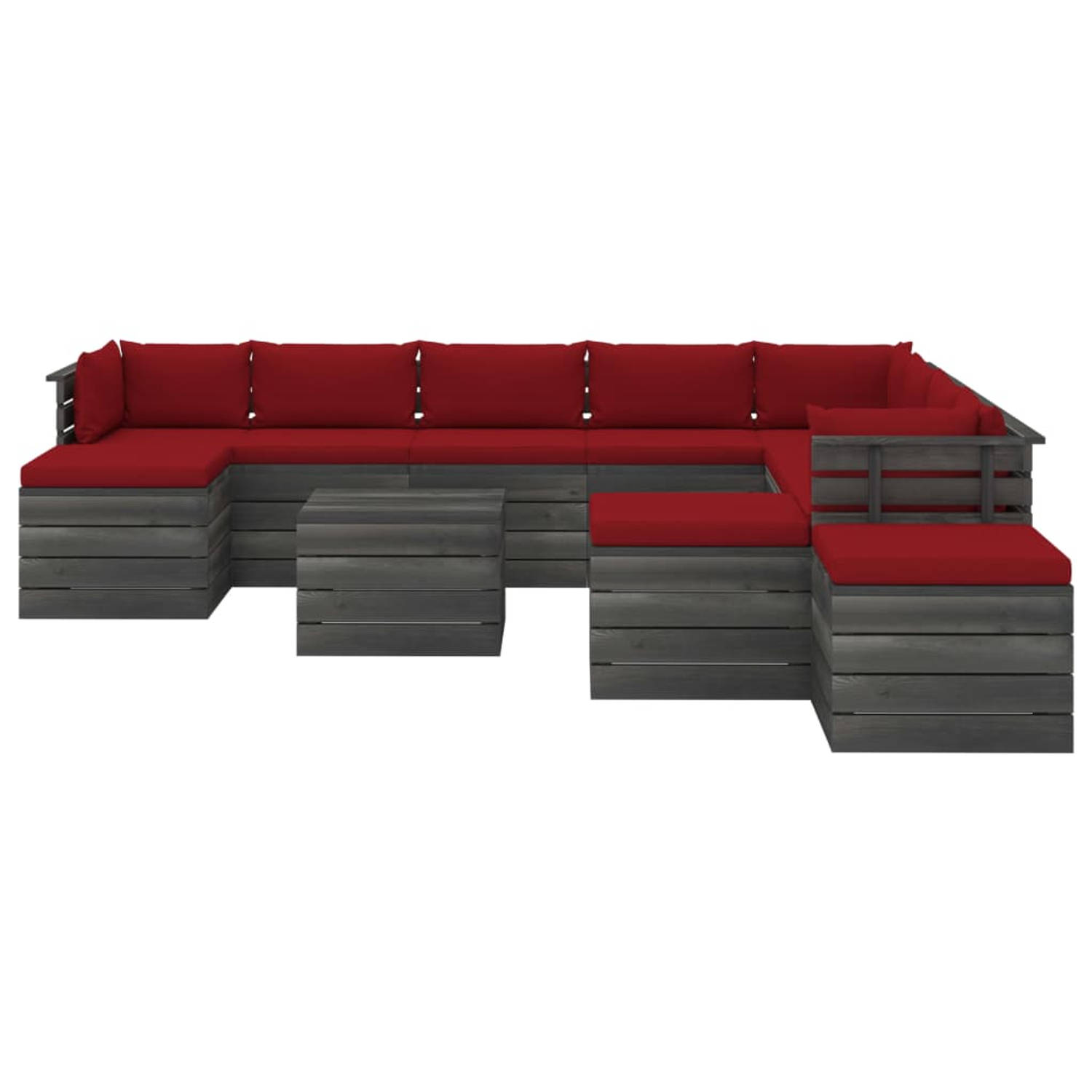 The Living Store Pallet Loungeset - Massief Grenenhout - Modulair Ontwerp - 60 x 65 x 71.5 cm - Wijnrood Kussen
