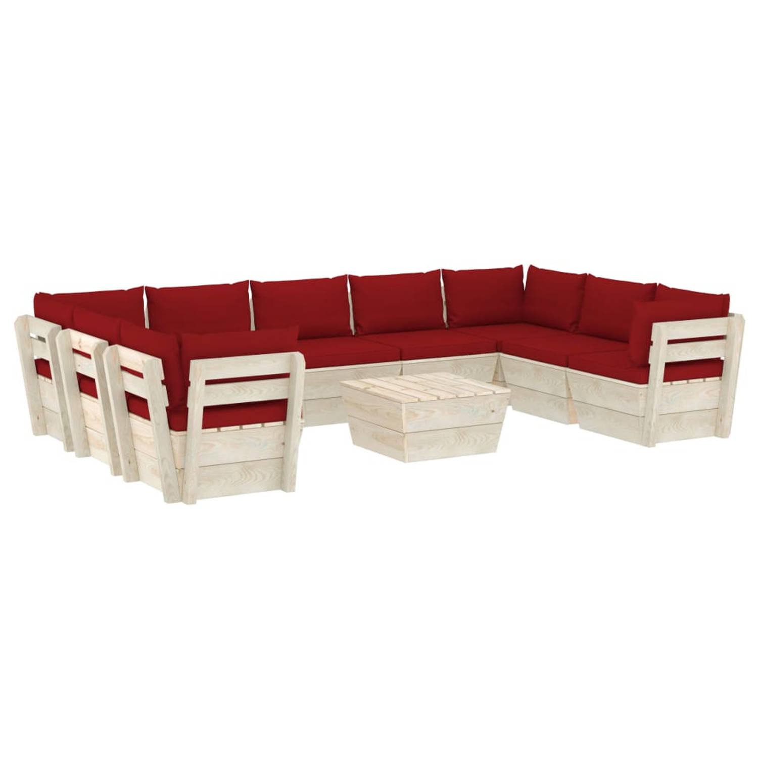 The Living Store Pallet Loungeset - Tuinmeubelset - 10-delig - Hout - 60 x 60 x 65 cm - Wijnrode kussens