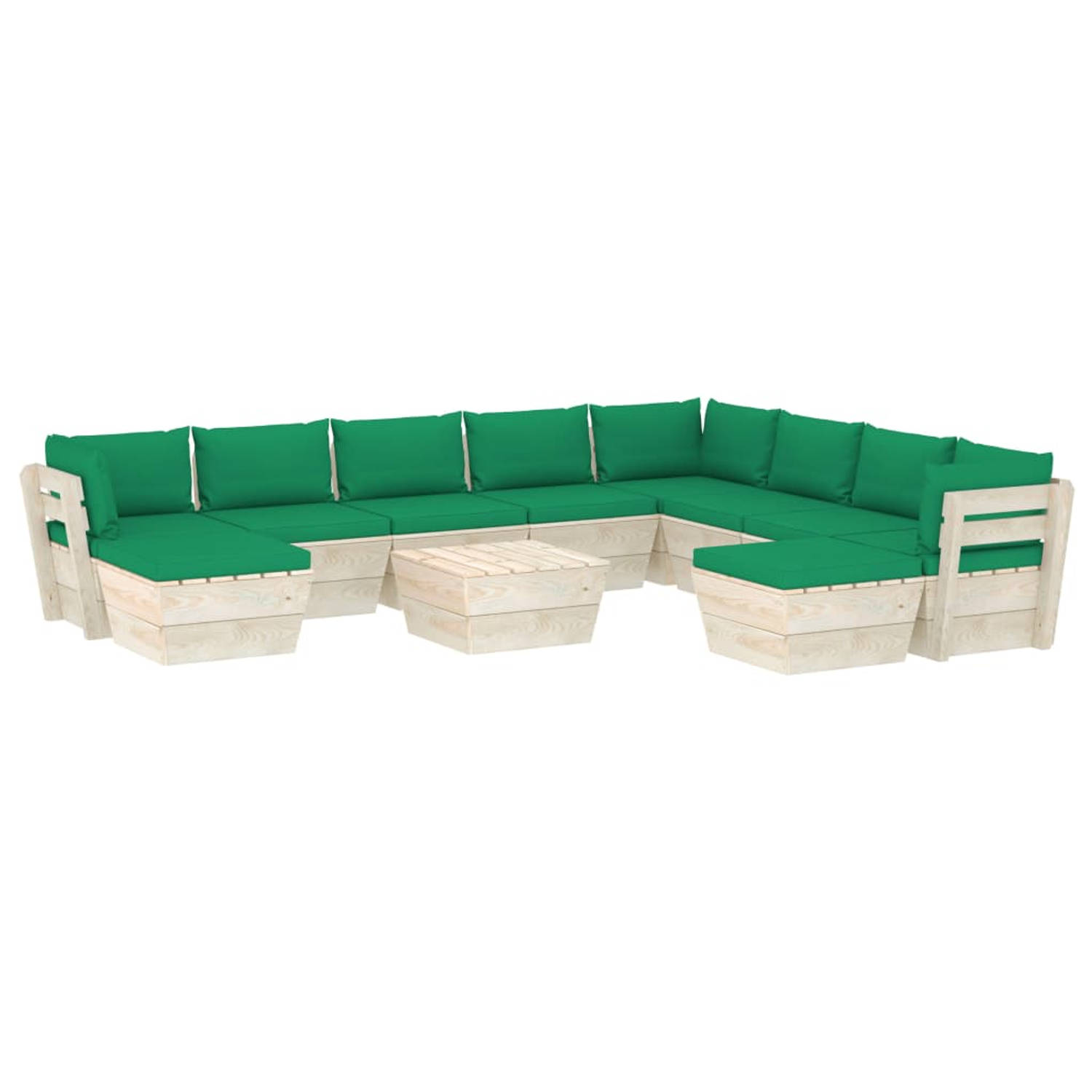 The Living Store Pallet Tuinset - 11-delig - Groen - Hout - 60x60x65 cm - Geïmpregneerd Vurenhout - Polyester