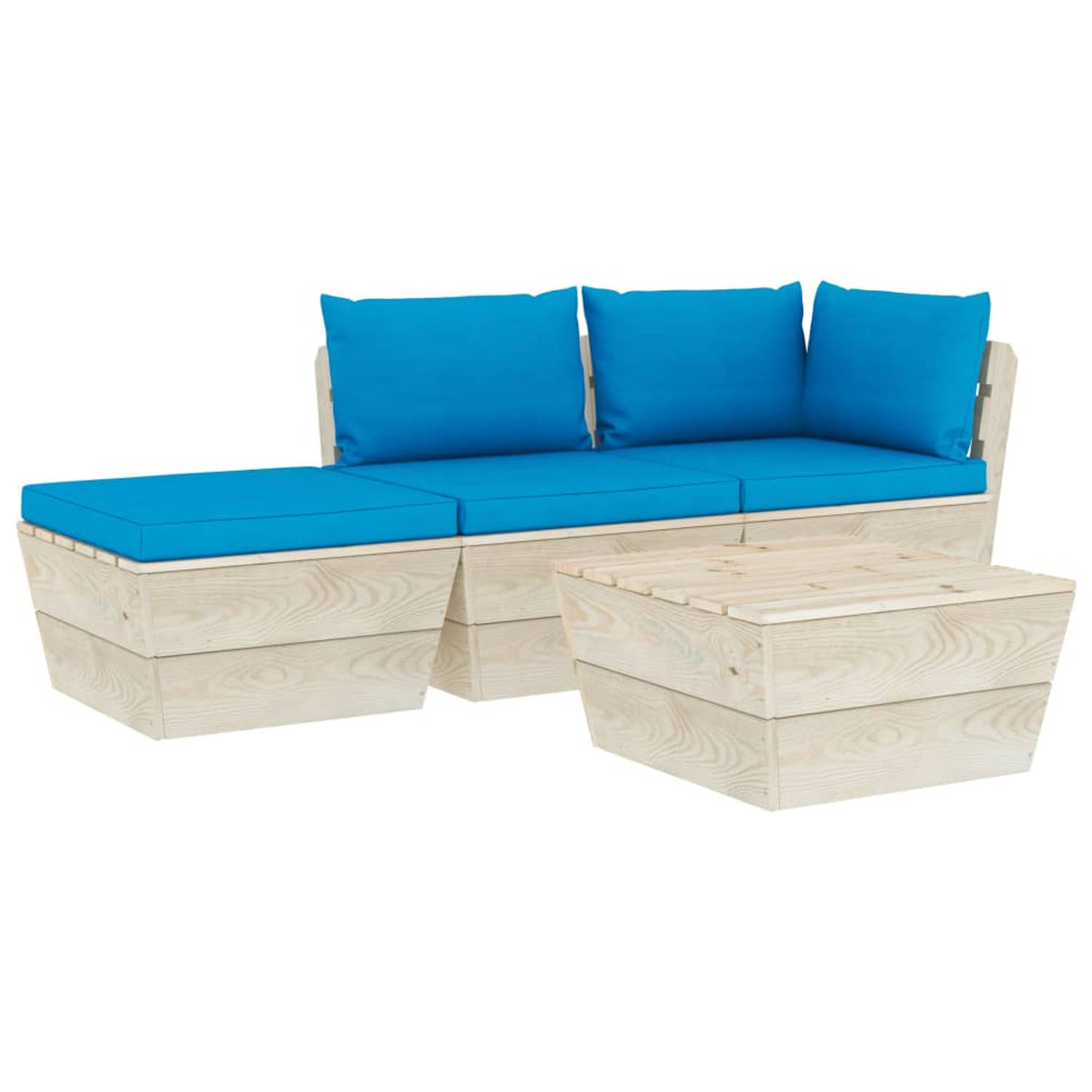 The Living Store Pallet Tuinset - 4-delige loungeset - Vurenhout - Lichtblauwe kussens - Inclusief tafel en hocker