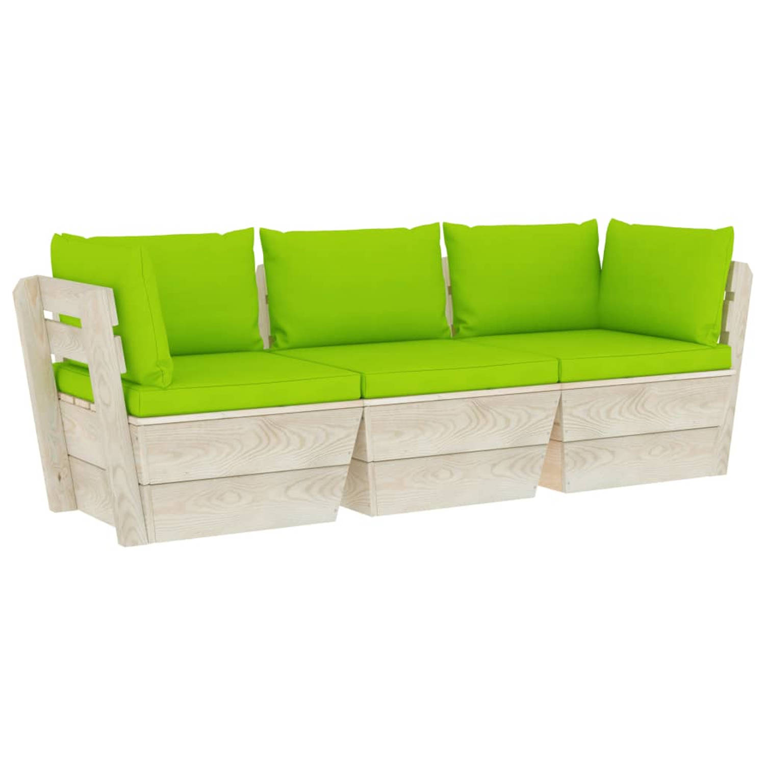 The Living Store Pallet Bank - Houten - 3-zits - Helder Groene Kussens - 60x60x65cm