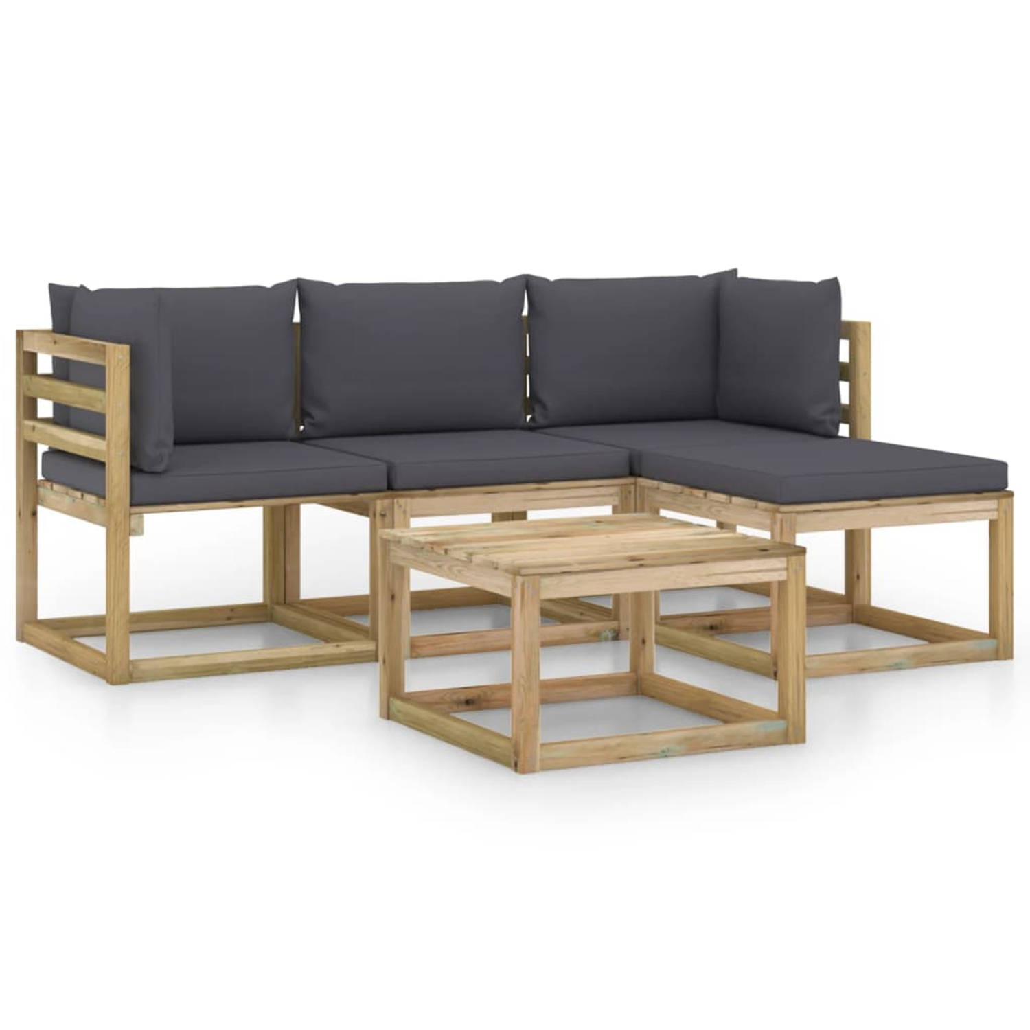 The Living Store Tuinset - Pallet hout - Grenenhout - 5-delig - Antraciet kussen - 120g/m²