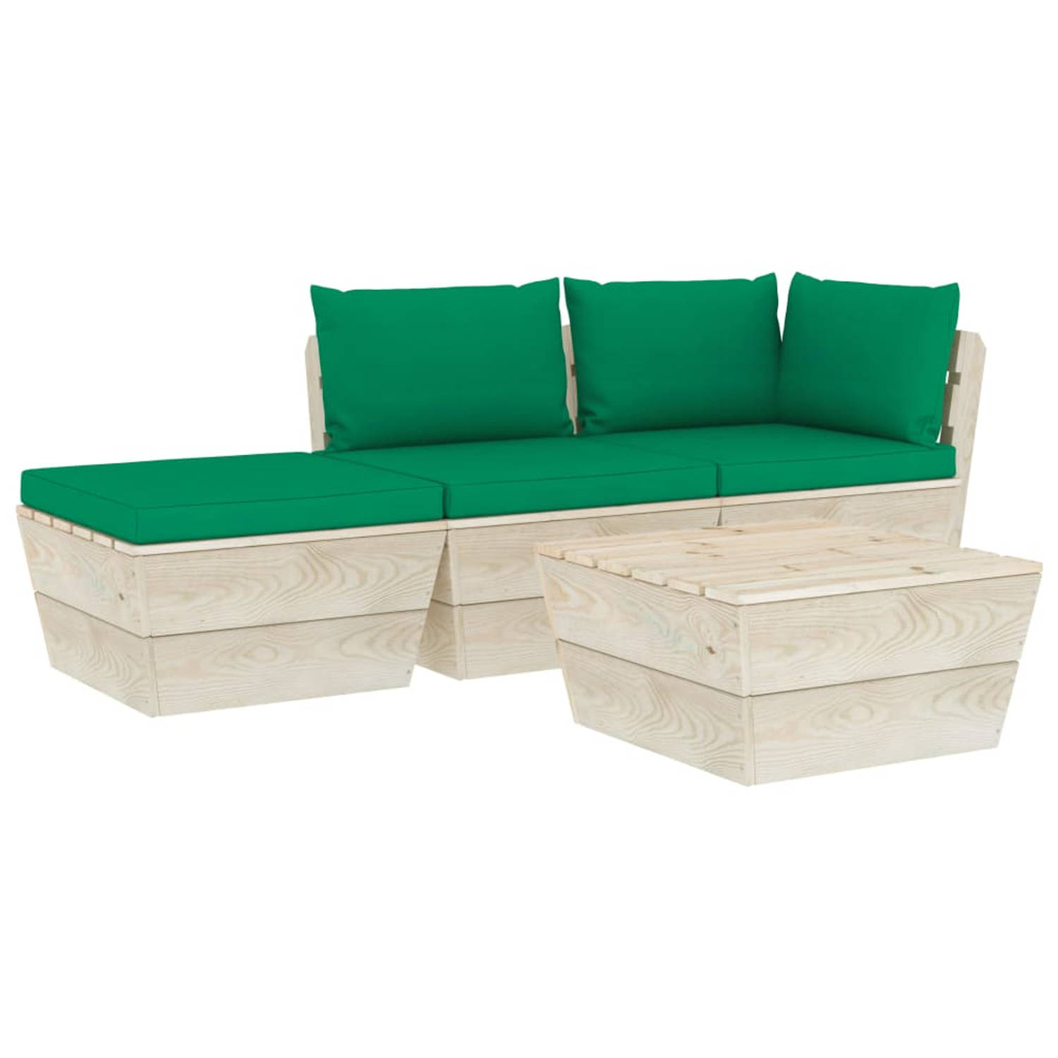 The Living Store Pallet Lounge Tuinset - 4-delig - Vurenhout - Groene Kussens