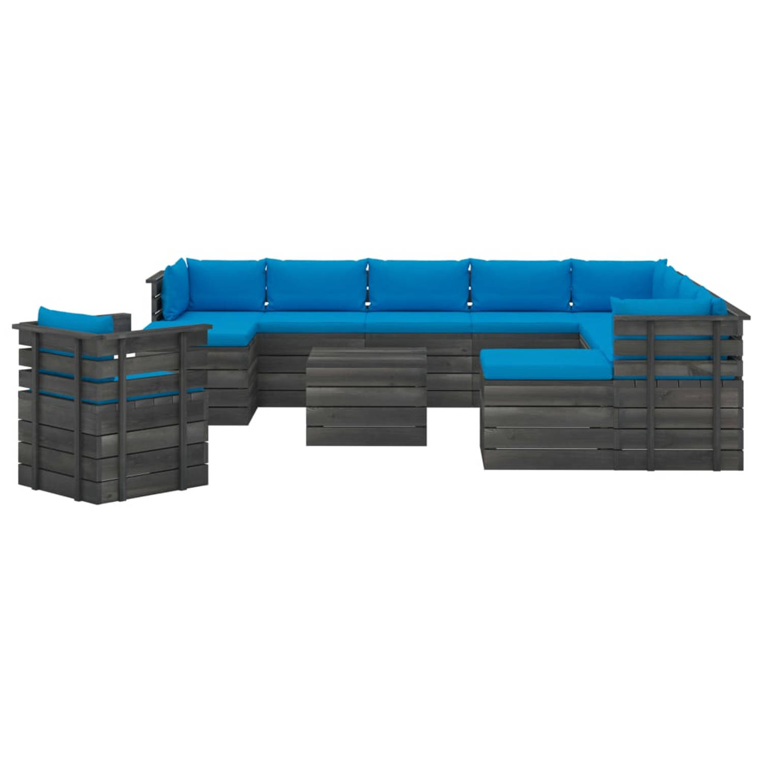 The Living Store Pallet loungeset - grenenhout - modulair design - lichtblauw kussen - 11 zitkussens - 2 rug/zijkussens
