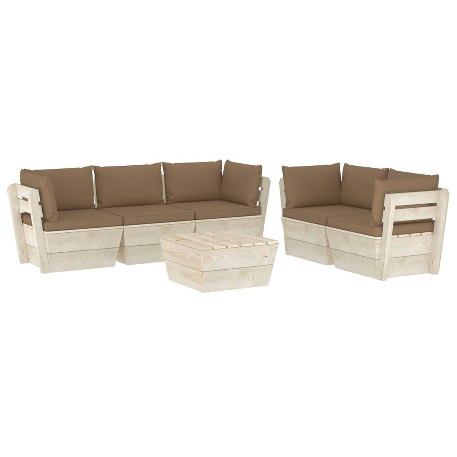 The Living Store Loungeset Pallet - 6-delig - Geïmpregneerd vurenhout - 60x60x65 cm - Taupe kussens